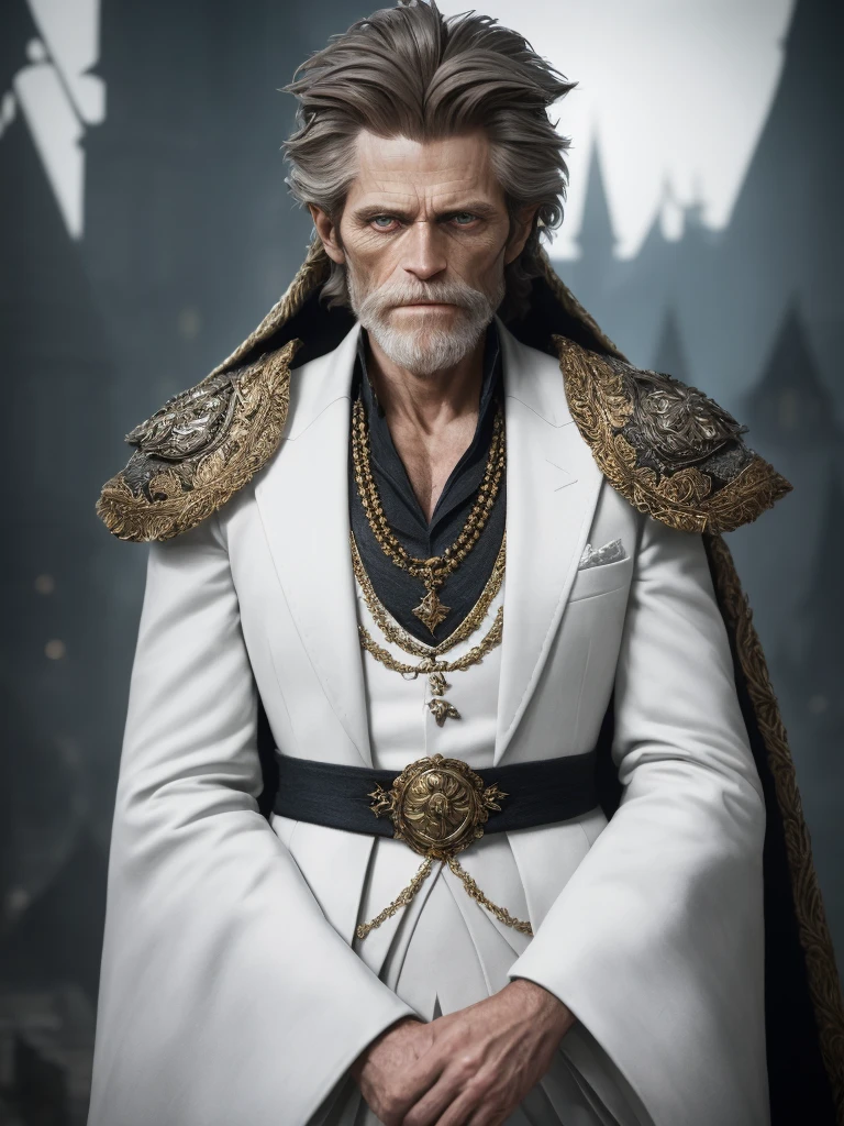 (Highest quality:1.3), cinematic shot, masterpiece, (sharp focus:1.5), (photorealistic:1.3), medium portrait of (a weary-looking but still proud and fierce-looking old Willem DaFoe, now the leader of his village, dressed in elaborately detailed (white suit:1.1), in the lavish castle, giving the scene a dark atmosphere but sculpting the forms in sharp chiaroscuro), it is night time, (highly detailed skin), (detailed face), detailed background, dark lighting, twilight lighting, volumetric lighting, intricate details, UHD,