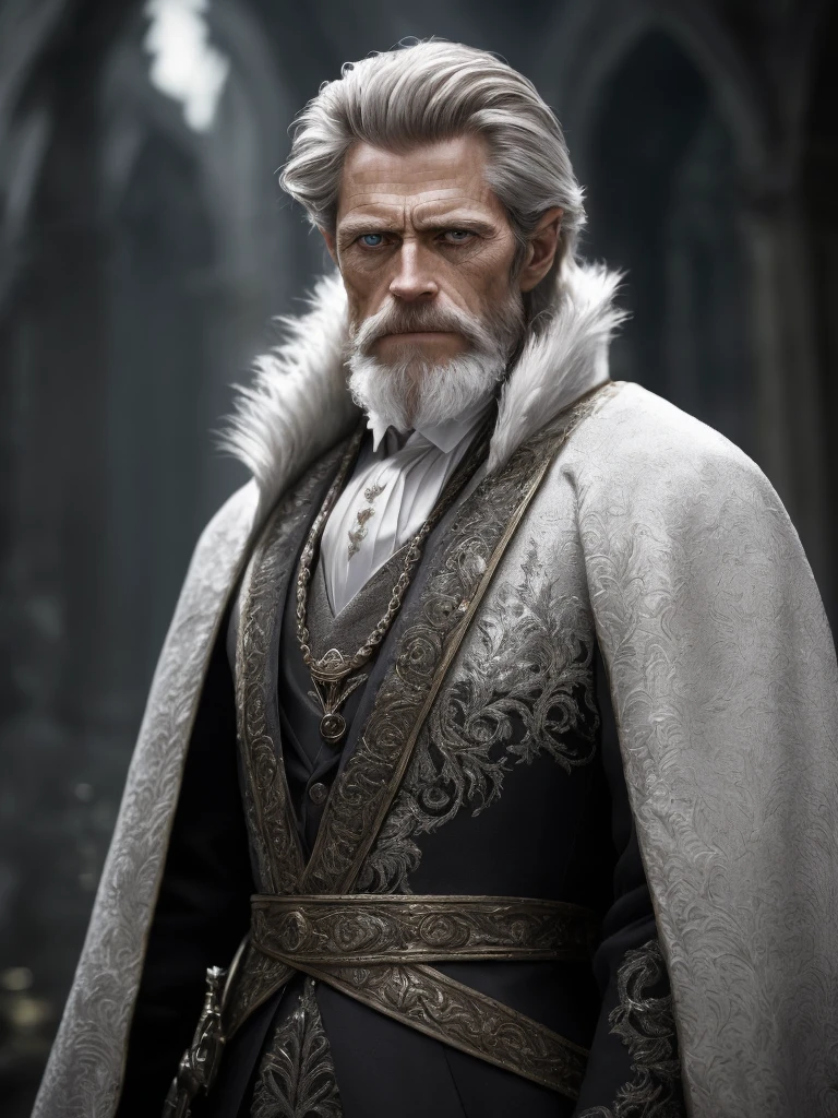 (Highest quality:1.3), cinematic shot, masterpiece, (sharp focus:1.5), (photorealistic:1.3), medium portrait of (a weary-looking but still proud and fierce-looking old Willem DaFoe, now the leader of his village, dressed in elaborately detailed (white suit:1.1), in the lavish castle, giving the scene a dark atmosphere but sculpting the forms in sharp chiaroscuro), it is night time, (highly detailed skin), (detailed face), detailed background, dark lighting, twilight lighting, volumetric lighting, intricate details, UHD,