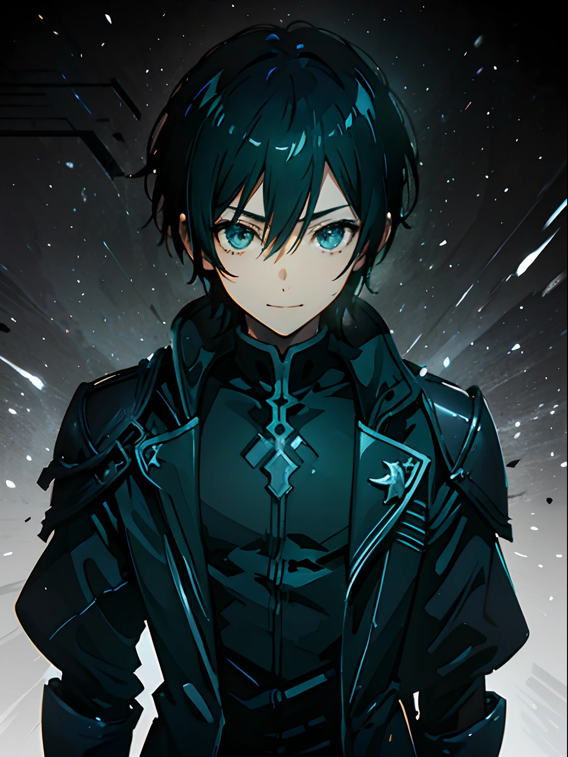 Kirito, anime style cool guy, sword art online, black slim armor, black trench coat, 1boy, looking at viewer, standing, thinking, smiling, upper body, ultra-detailed, Simple background, high quality, high resolution, masterpiece, best quality, (extremely detailed CG unity 8k wallpaper, masterpiece, best quality, ultra-detailed, best shadow), (detailed background), (beautiful detailed face, beautiful detailed eyes), High contrast,