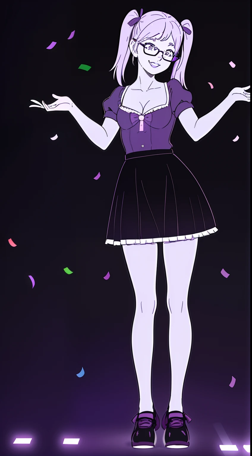 Confetti, party club. Led lights, chiaroscuro. 1 girl young girl with glasses, she smiles, tall, small eyes, teenage, "side bunds", pink pigtails hair, big lips, waring a purple monochromatic dress. Skirt with petticoat (short sleeves) and ((cleavage)) pink ribbon.