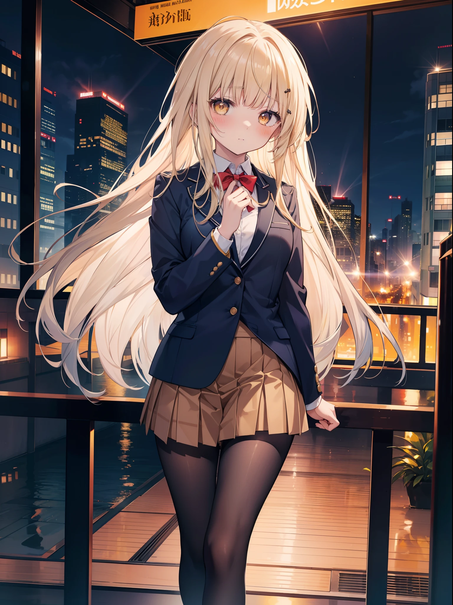 Shiina Mahiru, a good looking girl (long blonde hair with square bangs, big yellow eyes, blushing, perfect face), wearing a school uniform (blue blazer with white shirt, red bow tie, brown mini skirt, black pantyhose, brown shoes ), standing alone (in a city at night), looking at the camera, masterpiece, anime art style, cute characters, best detailed, high quality