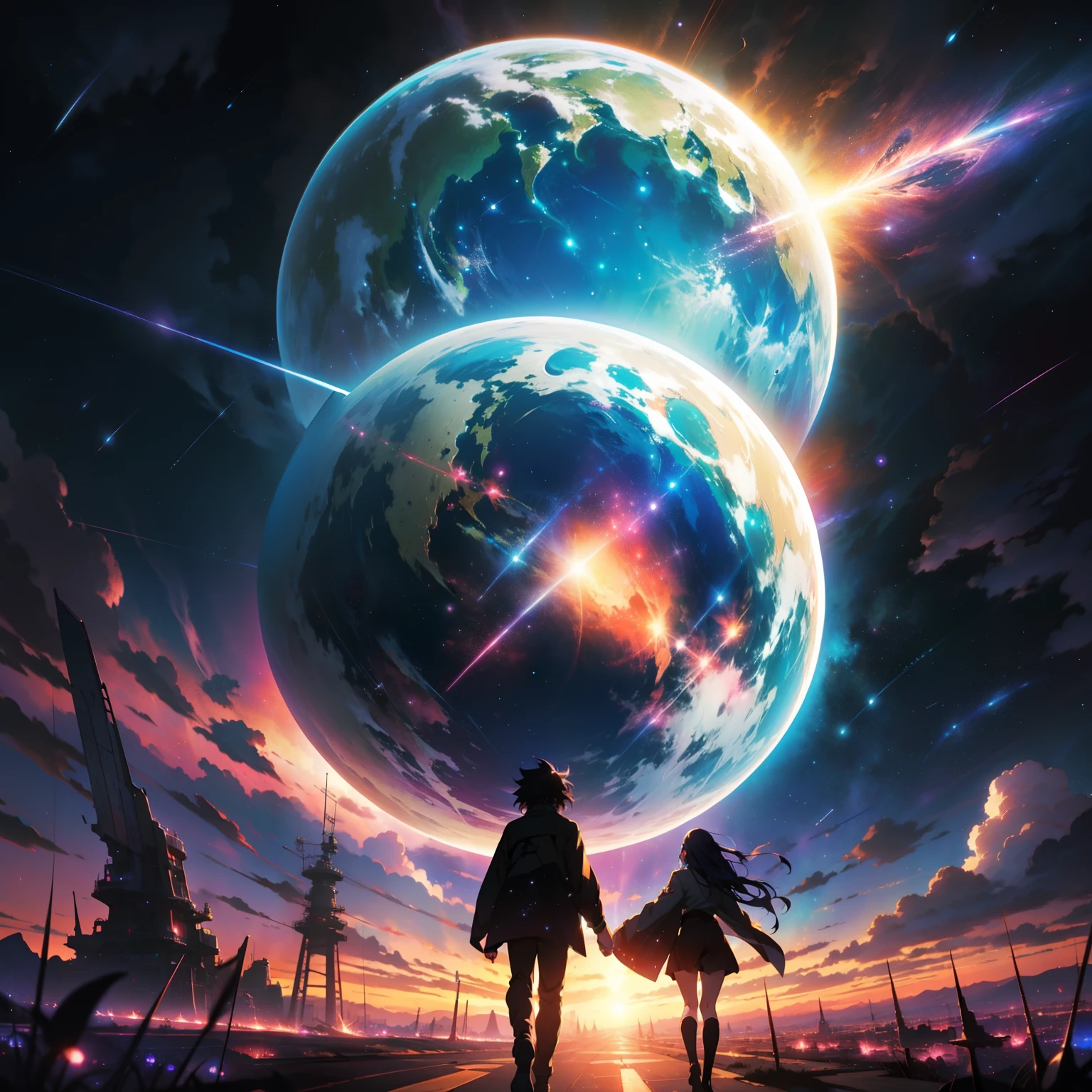 anime - style scene of the most beautiful aesthetic cosmic psychedelic sky with a shooting star and a distant planet, aesthetic cosmic psychedelic atmospheric skies. by makoto shinkai, anime art wallpaper 4k, anime art wallpaper 4 k, anime art wallpaper 8 k, anime wallpaper 4k, anime wallpaper 4 k, 4k anime wallpaper, anime sky, amazing wallpaper, anime background, heaven planet in background, anime background art