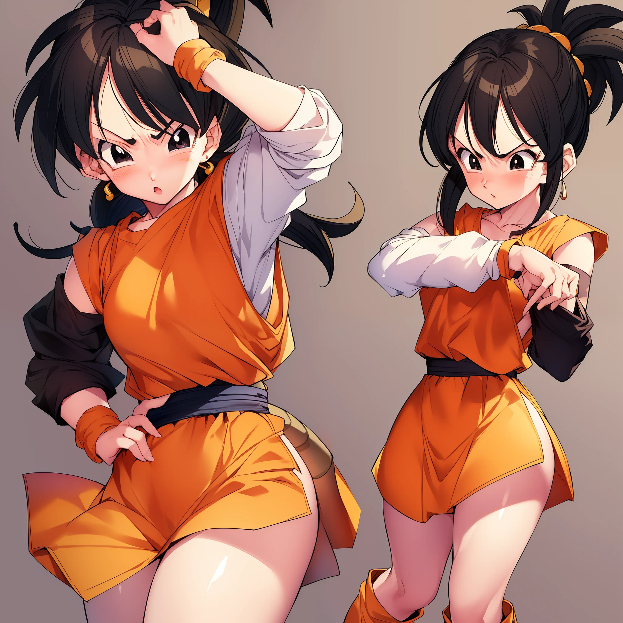 (masterpiece), (best quality), solo,
detailed eyes,facing viewer ,blush,
1girl,
((Dragon ball Z style)), black hair, black eyes, monkey tail, white crop top top with graphic design, long sleeves, orange skirt, panties showing, blushing, clumsy , cute bracelets, black boots with gold detail, short, long spikey hair in ponytail, confused expression, embarrassed,