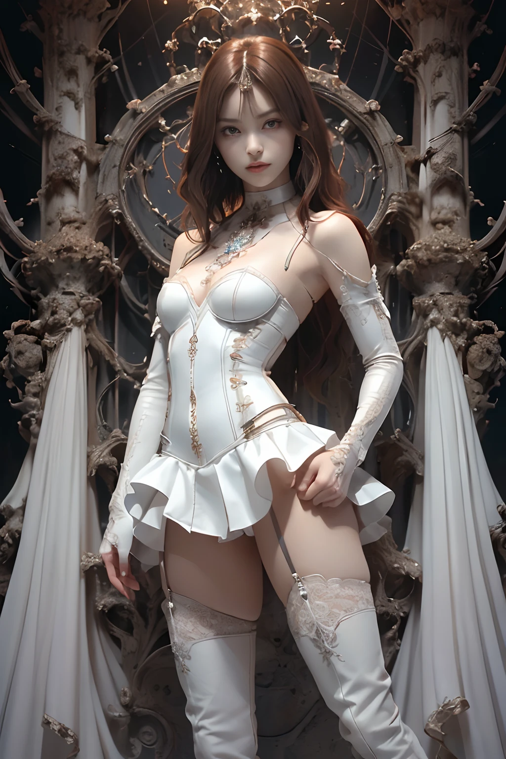 (A hyper-realistic)、(illustratio)、(hight resolution)、(in 8K)、(ighly detailed)、(Best Illustration)、(beautifully detailed eyes)、(top-quality)、(ultra-detailliert)、(masterpiece)、(wall-paper)、(A detailed face)、Japan Maiden、Looking at the camera、ssmile、((short hair of dark chestnut color,,,,))、(small tits,well-shaped bust,slim body and constricted waist,,,,,,,,)), ((Erotic Standing Pose、front-facing view、symmetry)),(Foldable White Leather Micro Mini Skirt、Arm Cover、long Leather boots、White corset、a choker、Exposed shoulders)、Ultra-fine makeup、Very delicately