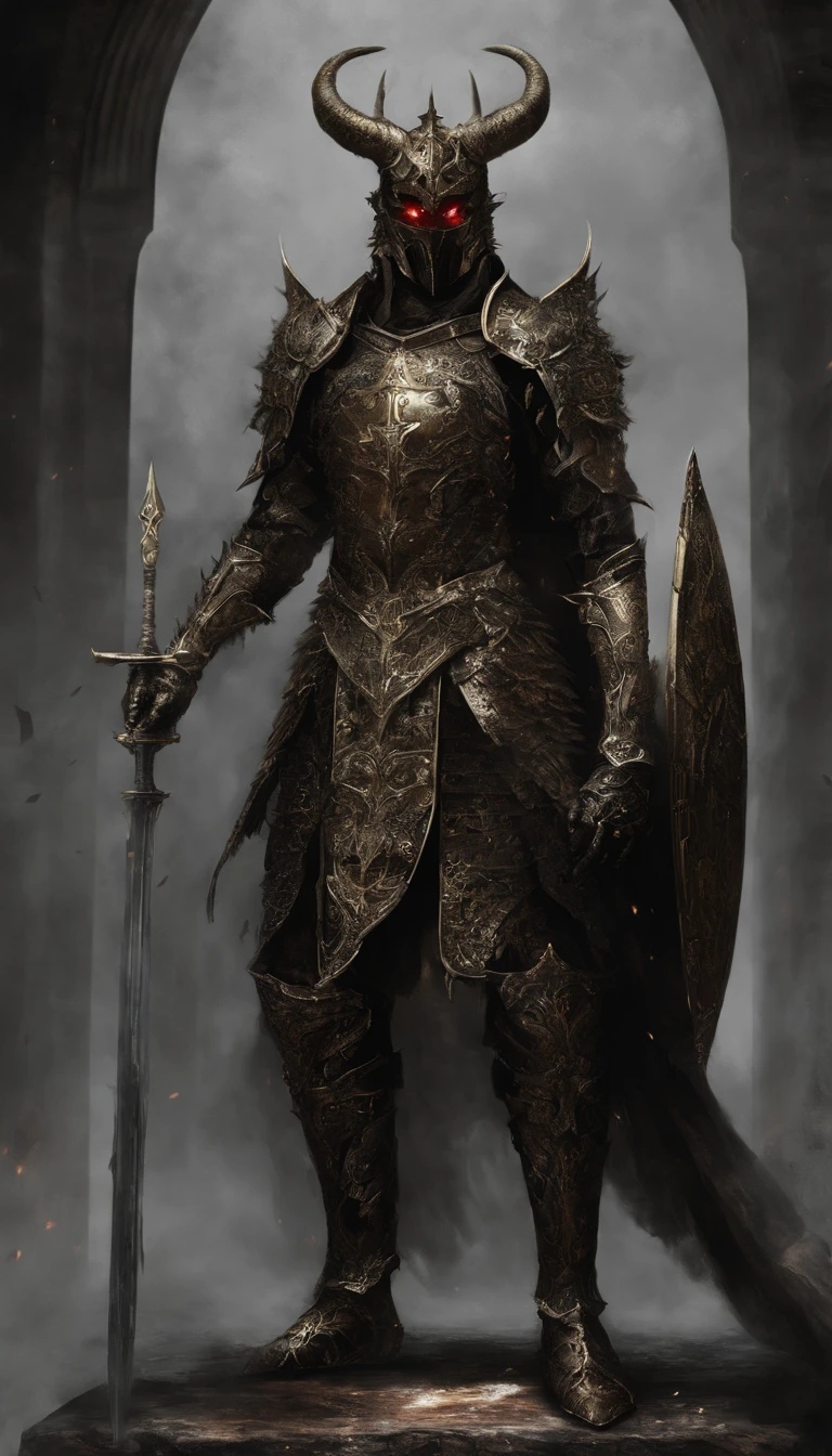 Warrior, concept-art, Authors:Kisigank, Fantasy Art, Battlefield Background, Clean Rendering, Horned,Wear a red armor suit, Detailed Bushido Foam Smoke, Helmet of the Forgotten God, the character is standing, ,Art Station Top Page, taur, Pseudo-medieval fantasy, God in carp armor, Detailed bronze armor, bronze armor, Golden etched armor, gold obsidian armor, Crimson armor, Gorgeous Filigree Armor, Demon Warrior, Complex assassination armor, Complex metal armor, Powerful Warrior, Dressed in luxurious gold armor,Decorated with intricate patterns, The helmet has a large crown and two horns,Glowing red eyes, Everything is in the dark, Smoky backgrounds hint at battle scenes, Adding an ominous aura to his character,posed, Full body shot.
