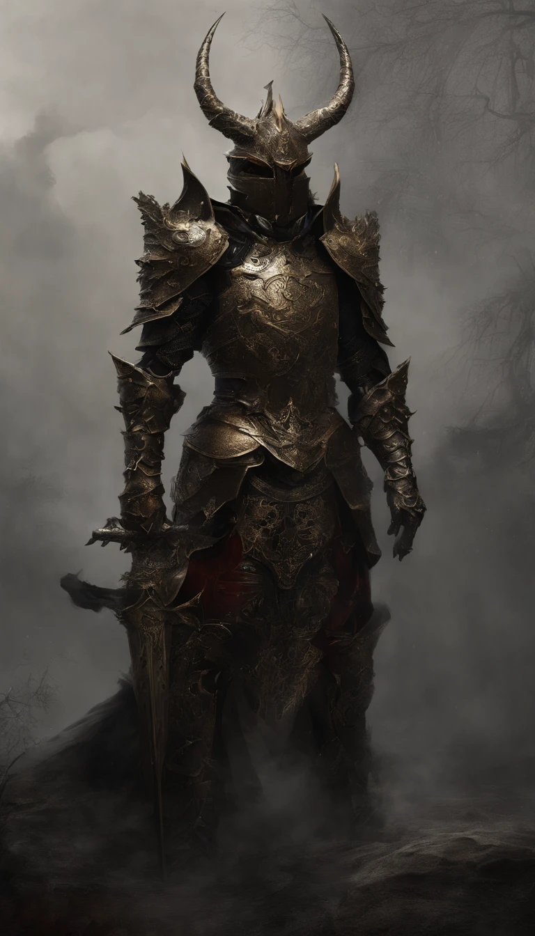 Warrior, concept-art, Authors:Kisigank, Fantasy Art, Battlefield Background, Clean Rendering, Horned,Wear a red armor suit, Detailed Bushido Foam Smoke, Helmet of the Forgotten God, the character is standing, ,Art Station Top Page, taur, Pseudo-medieval fantasy, God in carp armor, Detailed bronze armor, bronze armor, Golden etched armor, gold obsidian armor, Crimson armor, Gorgeous Filigree Armor, Demon Warrior, Complex assassination armor, Complex metal armor, Powerful Warrior, Dressed in luxurious gold armor,Decorated with intricate patterns, The helmet has a large crown and two horns,Glowing red eyes, Everything is in the dark, Smoky backgrounds hint at battle scenes, Adding an ominous aura to his character,posed, Full body shot.