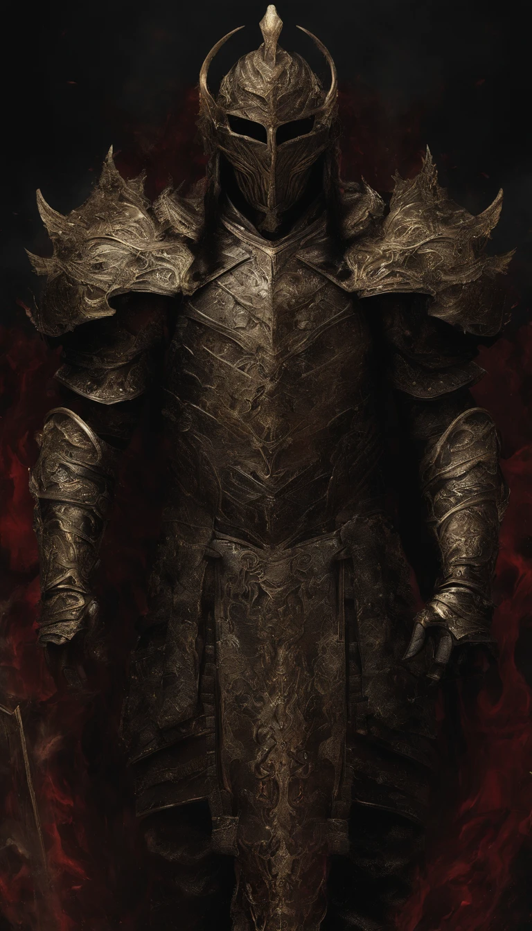 Warrior, concept-art, Authors:Kisigank, Fantasy Art, Battlefield Background, Clean Rendering, Horned,Wear a red armor suit, Detailed Bushido Foam Smoke, Helmet of the Forgotten God, the character is standing, ,Art Station Top Page, taur, Pseudo-medieval fantasy, God in carp armor, Detailed bronze armor, bronze armor, Golden etched armor, gold obsidian armor, Crimson armor, Gorgeous Filigree Armor, Demon Warrior, Complex assassination armor, Complex metal armor, Powerful Warrior, Dressed in luxurious gold armor,Decorated with intricate patterns, The helmet has a large crown and two horns,Glowing red eyes, Everything is in the dark, Smoky backgrounds hint at battle scenes, Adding an ominous aura to his character,posed, Full body shot.