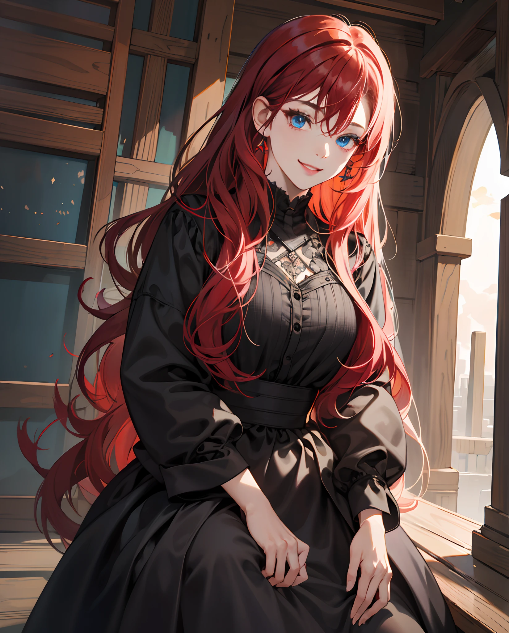 masterpiece、top-quality、超A high resolution、Girl in a long black dress、2D Beautiful Girl、soio、kindly smile、Red-haired、The long-haired、Blue eyes、Eyes are drawn in detail、The face is depicted in detail、Clothes are depicted in detail、animesque、illustratio