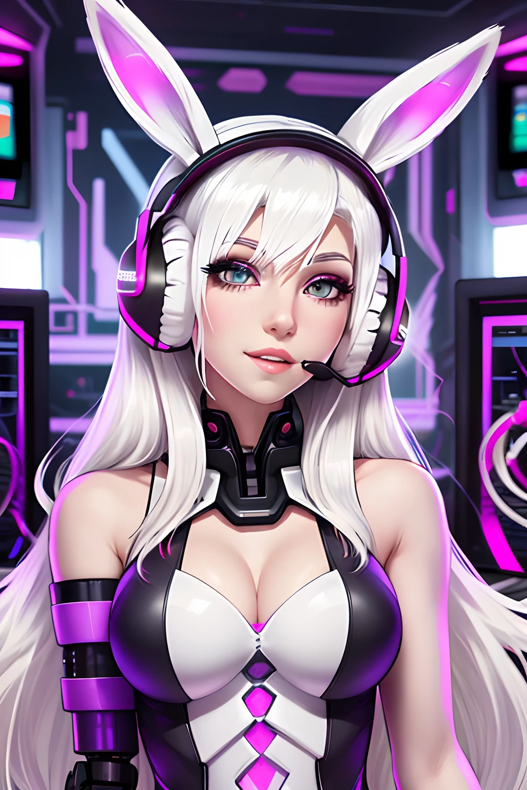 blond woman with headphones on looking at camera in front of a dress, her hair is white, twitch streamer, wearing cybernetic bunny ears, her hair is silver, bleached, her face looks like an orchid, perfect white haired girl, one girl has white hair, girl with white hair, emma bot queen, very very pale blond hair, wearing a gaming headset