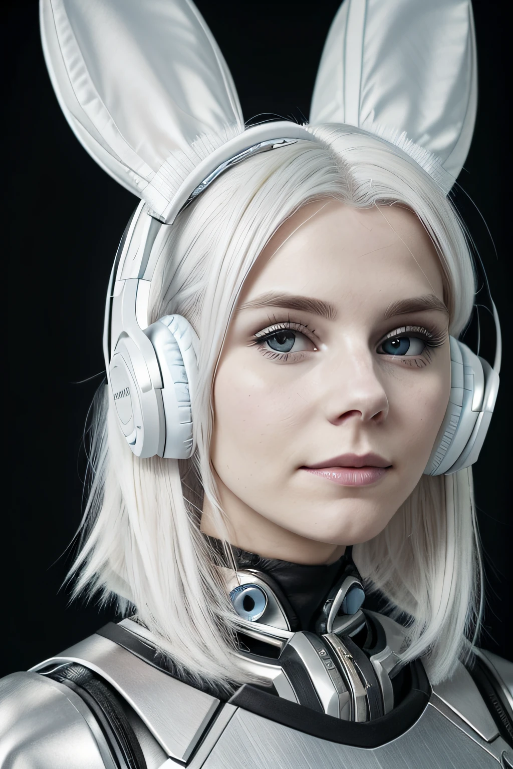 blond woman with headphones on looking at camera in front of a dress, her hair is white, twitch streamer, wearing cybernetic bunny ears, her hair is silver, bleached, her face looks like an orchid, perfect white haired girl, one girl has white hair, girl with white hair, emma bot queen, very very pale blond hair, wearing a gaming headset