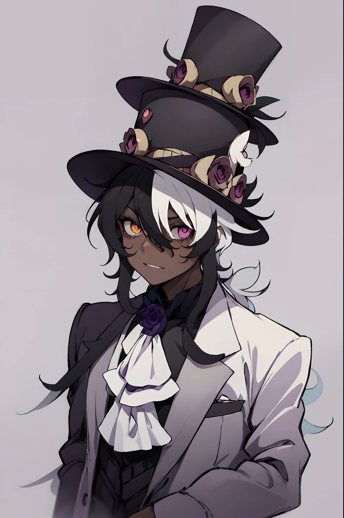 heterocromia, dark skin, top hat,long hair,male, formal, flower, ascot, suit,black flower,rose,man,purple eye, yellow eye, he is wearing a top hat, (a cracked glass eye with black sclera and purple iris), (one eye with yellow iris), cracked face,black headwear, hair between eyes, multicolored hair, black hair, white hair,Hatter,man