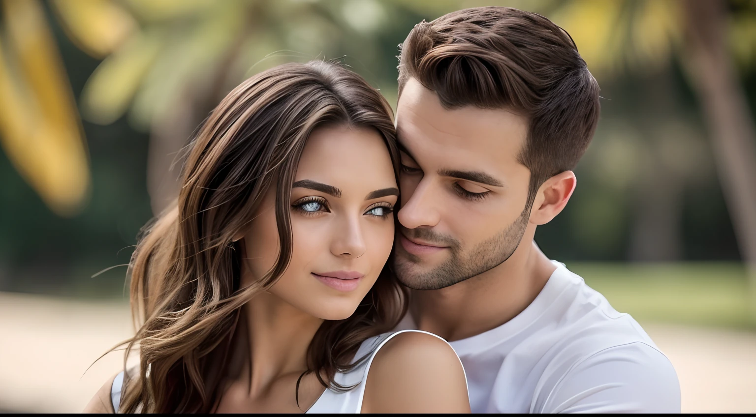 Fotografia de um casal apaixonado, Stressing the laid-back style. Um homem branco, With brown hair and blue eyes is wearing an open shirt, Your Exposed Muscles. A mulher morena, com cabelos castanhos e longos, olhos castanhos, He's wearing a stripped-down t-shirt. The man hugs the woman from behind and they both look at the camera. (Ultra-realista, alta qualidade, Ultra HD, 8K)