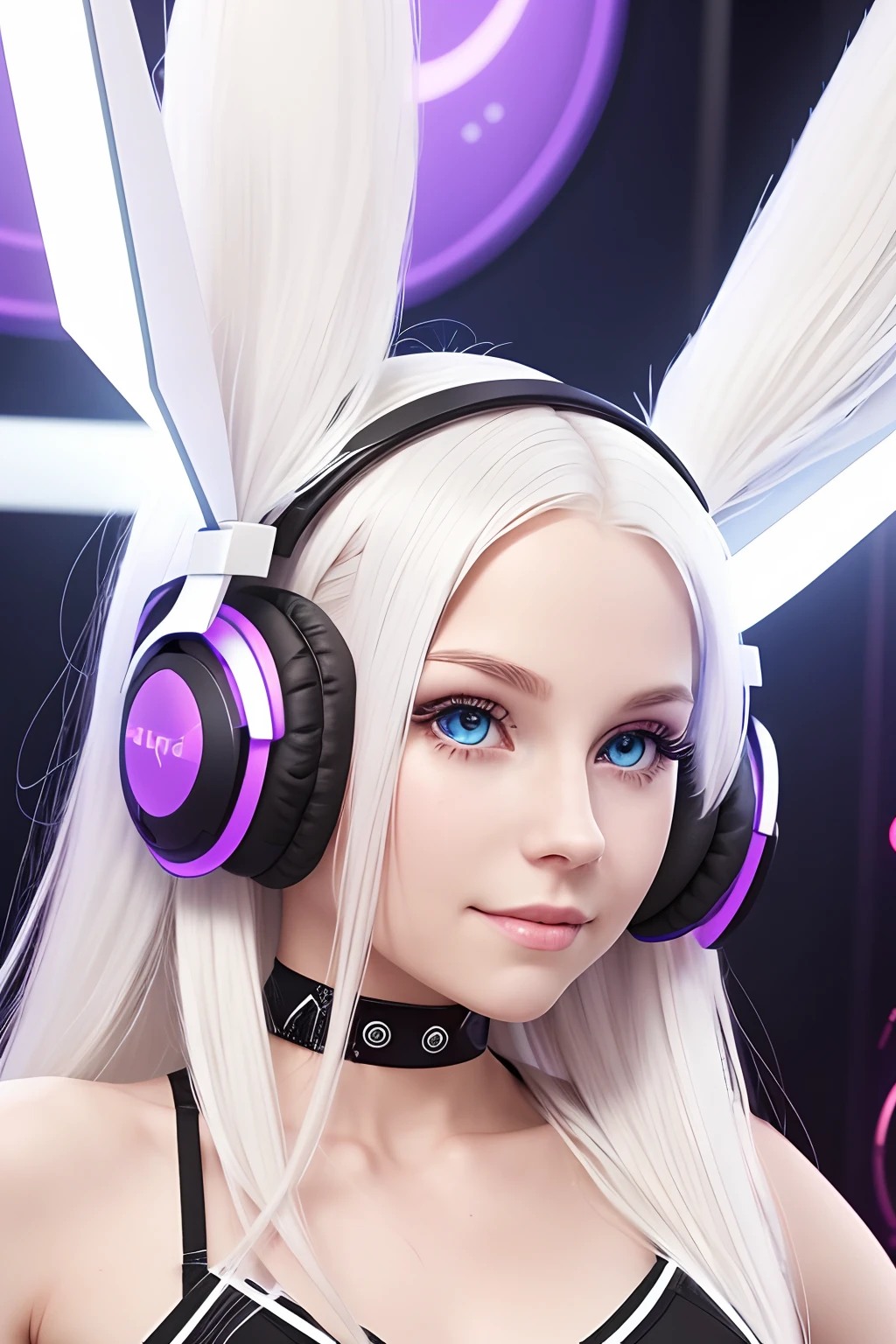 blond woman with headphones on looking at camera in front of a dress, her hair is white, twitch streamer, wearing cybernetic bunny ears, her hair is silver, bleached, her face looks like an orchid, perfect white haired girl, one girl has white hair, girl with white hair, emma bot queen, very very pale blond hair, wearing a gaming headset