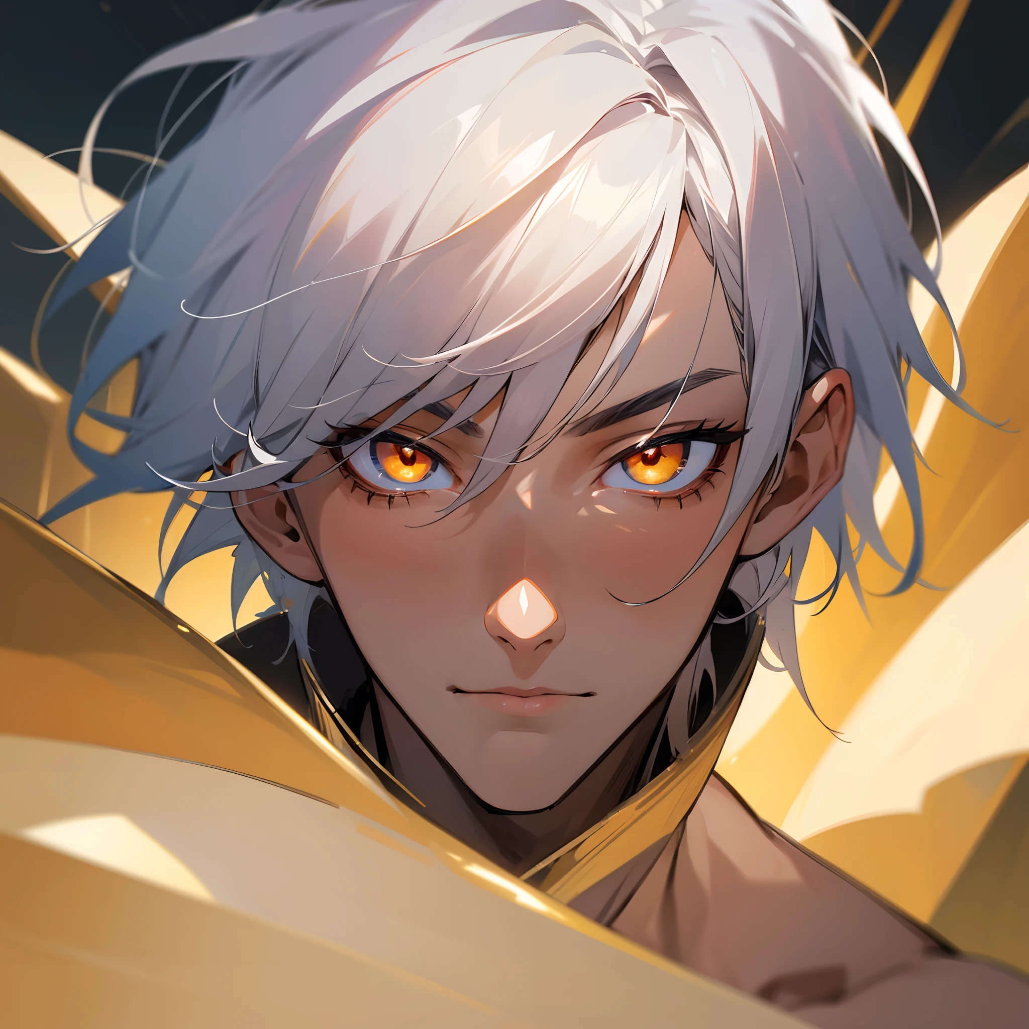 (((masterpiece))), (((best quality))), ((8k)), ((ultradated)), (1 dark-skinned human female: 1.2), (white hair 1.3), (( (Heterochromia, in the eyes, red and yellow: 1.2))),(((Official art, masterpiece, ultra-detailed))), (((best quality: 1.2, intricate details, ultra-detailed) high: 1.2))), (sexy body 1.1), latex costume, cleavage, castle corridor, dark environment, cinematic shot, natural light, light particles,