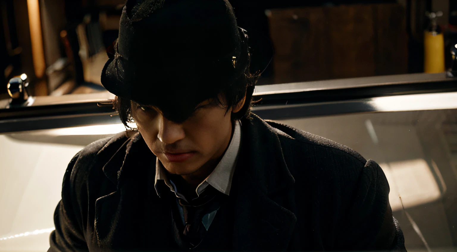IMAGE OF A MAN (DETECTIVE CHARACTER) WITH (HAT) AND A ((BLACK COVER)) WHITE SKIN AGE APPROXIMATELY 40 YEARS OLD (BLACK EYES) BROWN HAIR.