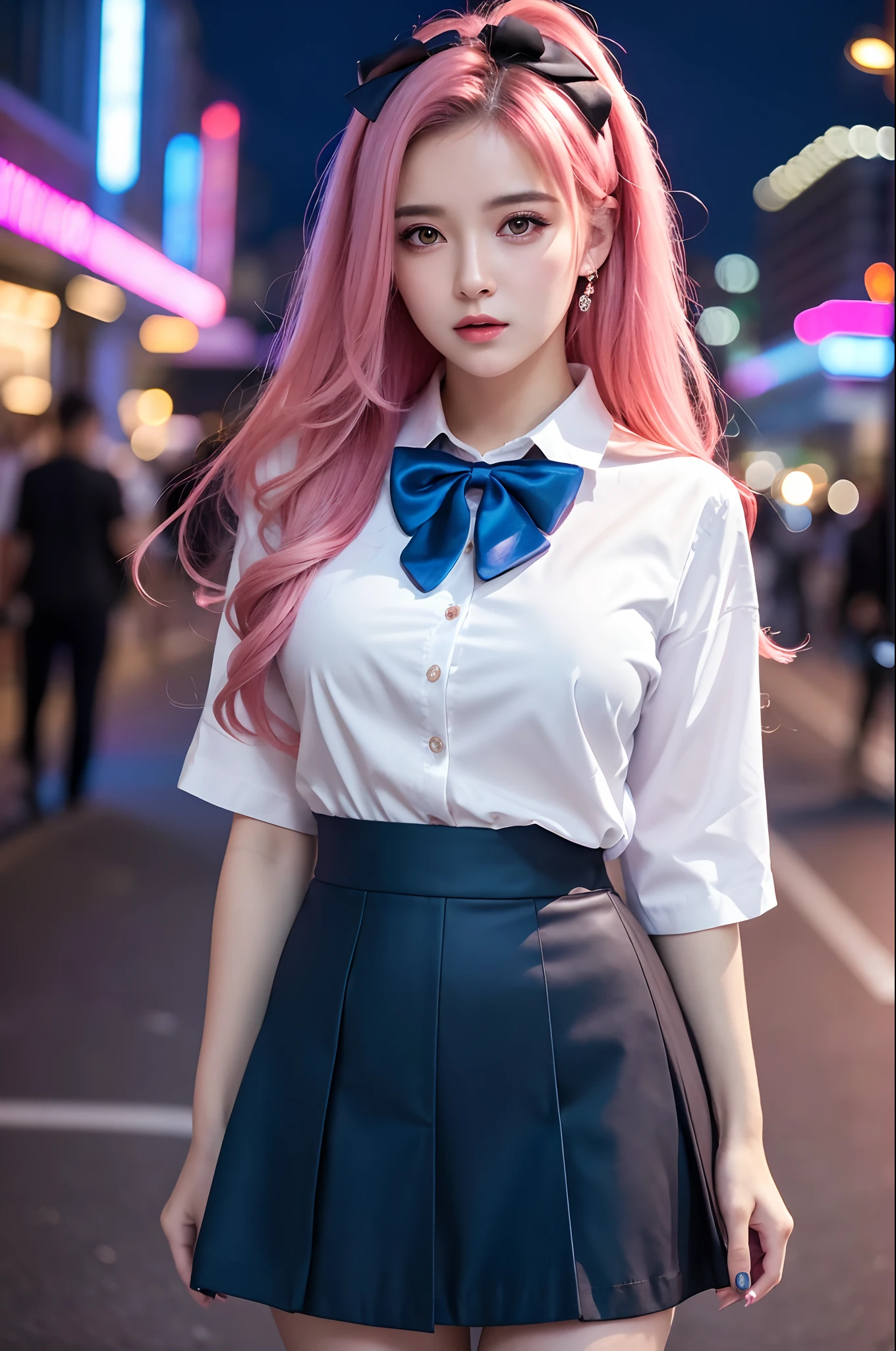 (RAW photo, 4k, masterpiece, high resolution, extremely complex) (realistic: 1.4), cinematic lighting
1 Girl, Single Focus, Summer Noon, Hot, 1990s\(Style\), Big Breast, (8K, RAW photo, Best Quality, Masterpiece:1.3), (Realistic, Photo-Realistic:1.37), (Night), (Looking at Viewer:1.331), (Pink Hair), Posing, Shanghai street,nightcityscape, cyberpunk city,soft light,1girl,extremely beautiful face,bust,Random hairstyle,Random expression,big eyes,bow,lower abdomen,(short-sleeved . JK_shirt),JK_style,(dark blue JK_skirt) ,(bow JK_tie),mix4..