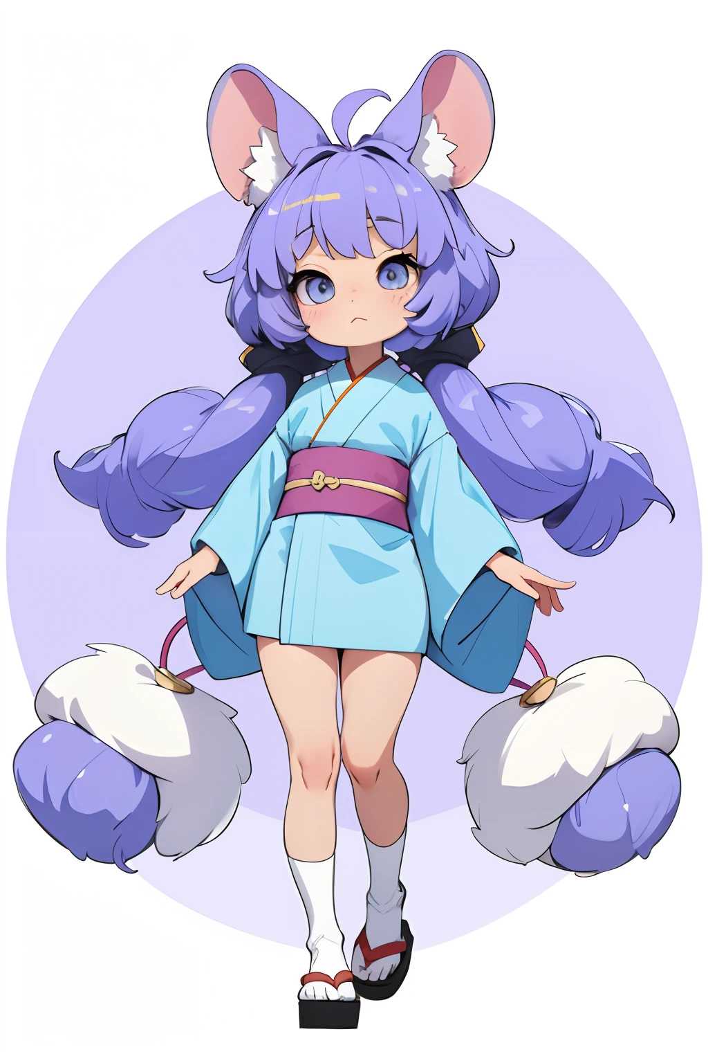 Tiny and petite, small half mouse half human girl, light blue kimono with long sleeves, white socks, black sandals, big fluffy ears, small tail, chubby cheeks, big doe lavender eyes.