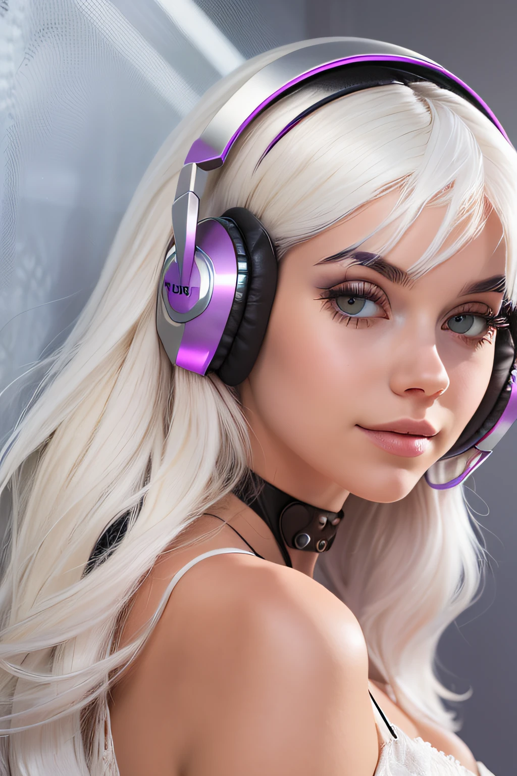 blond woman with headphones on looking at camera in front of a dress, a pastel inspired by Louisa Matthíasdóttir, featured on reddit, massurrealism, her hair is white, twitch streamer, wearing cybernetic bunny ears, her hair is silver, bleached, her face looks like an orchid, perfect white haired girl, one girl has white hair