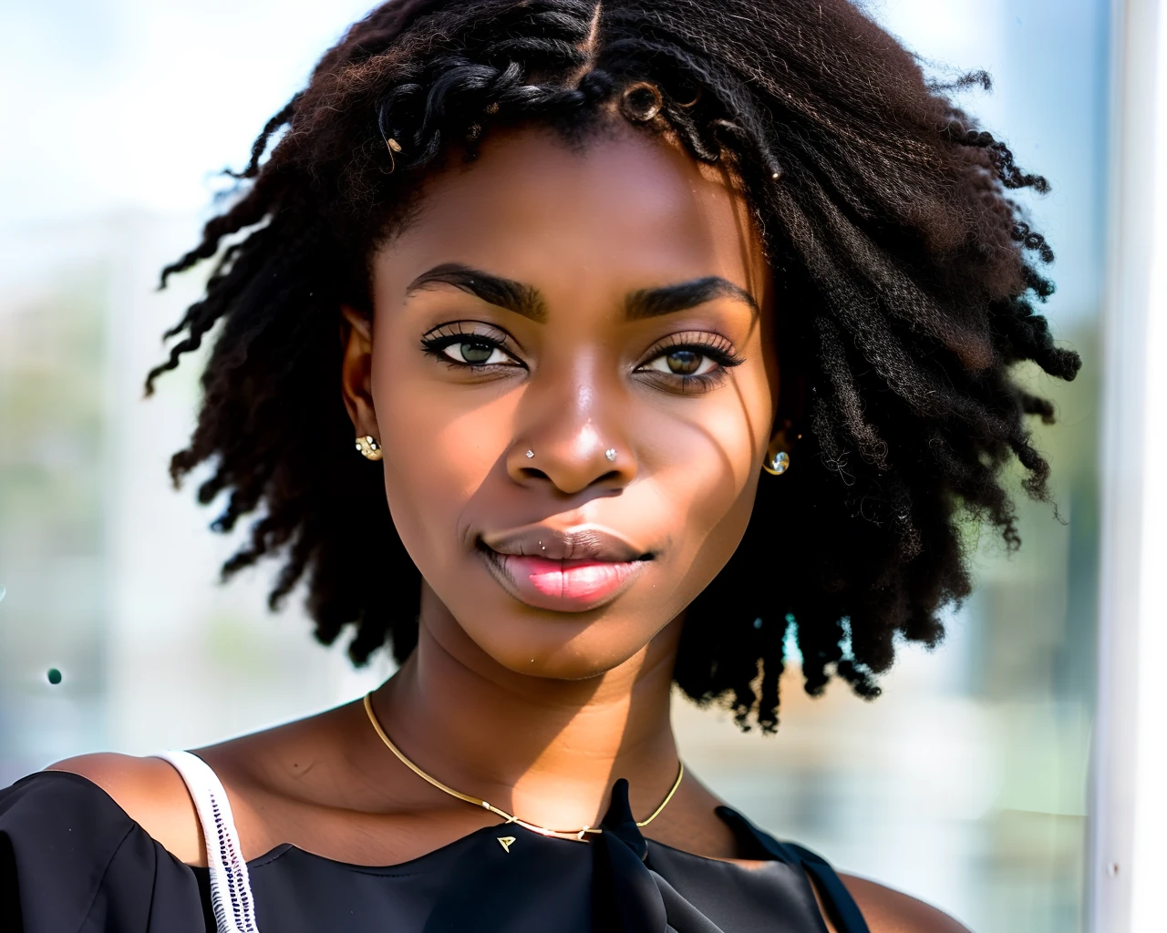 there is an African woman with a necklace on her neck and wearing a black suit with a green shirt, with textured hair and brown skin, standing in front of a window in a bedroom, young black woman, 27 year old woman, black young woman, african young woman, photo of a black woman, young woman's face, beautiful city black woman only, medium close up portrait, curly middle part haircut, portrait of African woman
