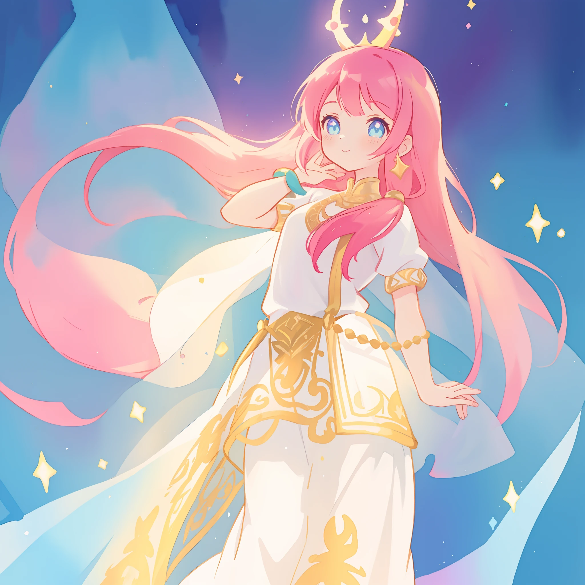 beautiful girl in white arabian two-piece dress, (arabian princess), (arabian dancer), (fantasy arabian dress),long colorful sparkling pink hair, watercolor illustration, Lois van Baarle, glowing aura around her, Glen Keane, jen bartel, glowing hair, beautiful digital illustration, fantasia background, beautiful, masterpiece, best quality, anime disney style, (detailed eyes), golden ratio, perfect composition