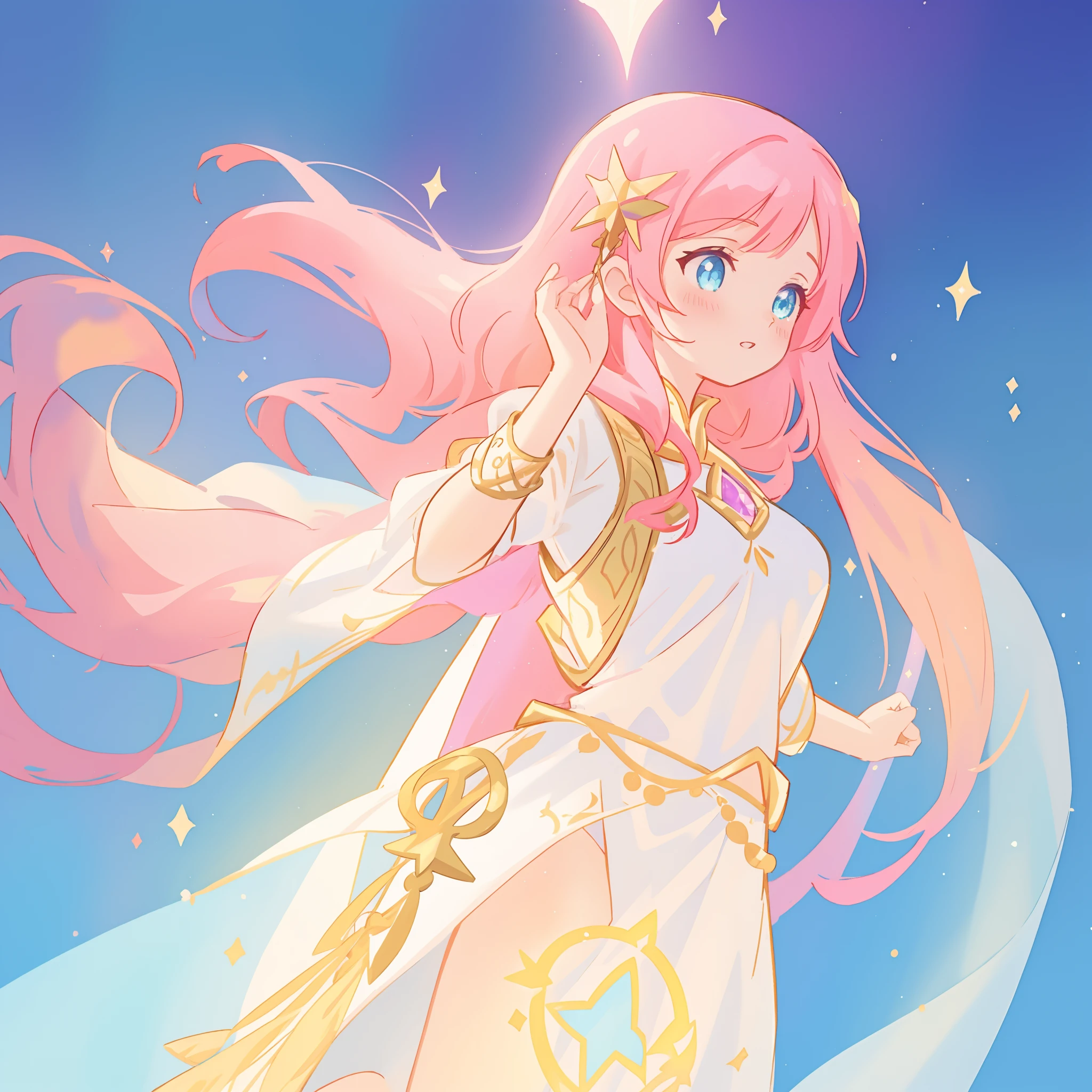 beautiful girl in white arabian two-piece dress, (arabian princess), (arabian dancer), (fantasy arabian dress),long colorful sparkling pink hair, watercolor illustration, Lois van Baarle, glowing aura around her, Glen Keane, jen bartel, glowing hair, beautiful digital illustration, fantasia background, beautiful, masterpiece, best quality, anime disney style, (detailed eyes), golden ratio, perfect composition