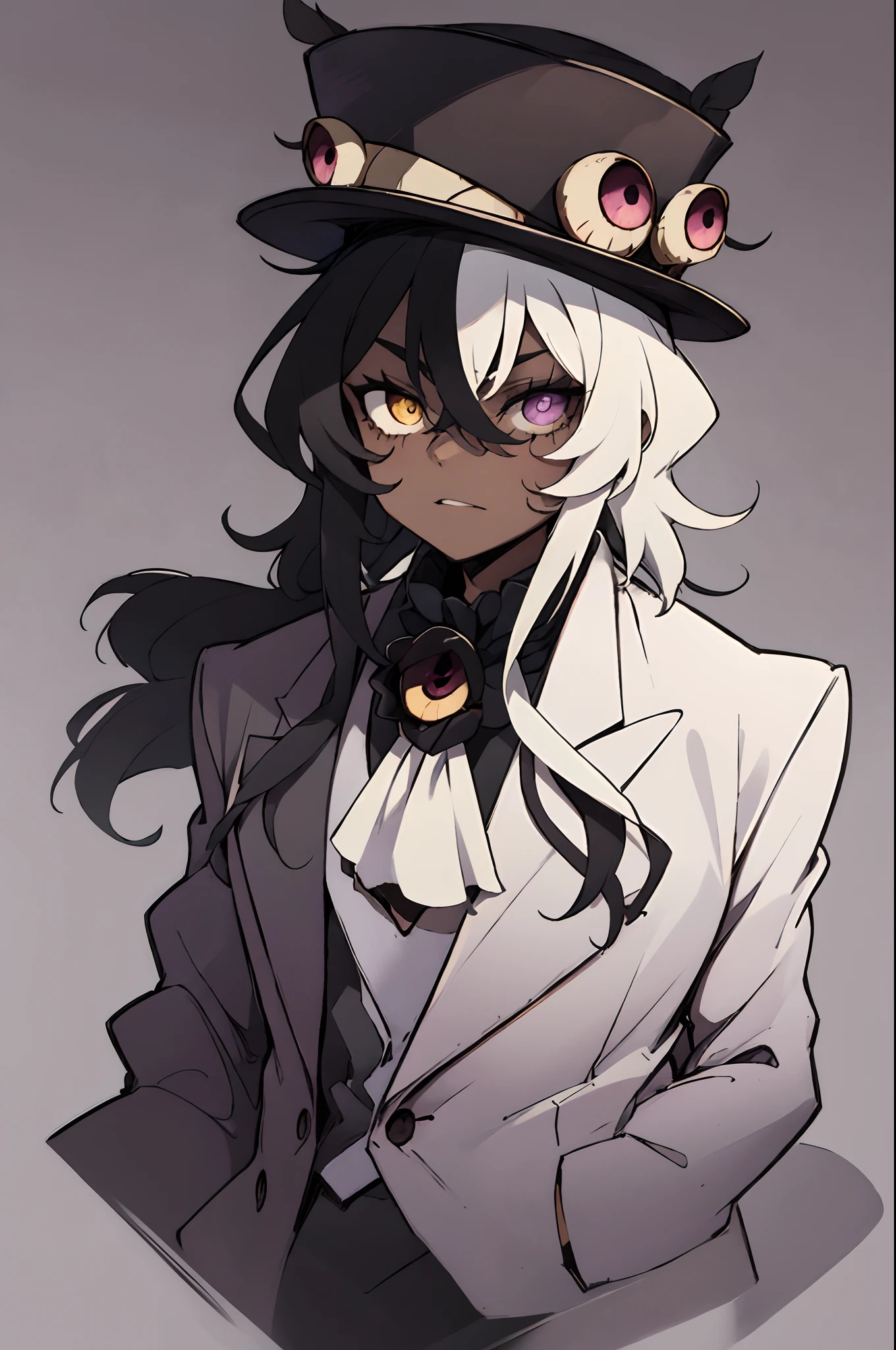 Heterocromia, pele escura, Cartola,cabelos longos,macho, formal, flor, Ascot, naipe,flor preta,Rosa,Man,olho roxo, olho amarelo, he is wearing a top hat, (A cracked glass eye with black sclera and purple iris), (an eye with yellow iris), rosto rachado,black headwear, cabelo entre os olhos, cabelos multicoloridos, cabelos pretos, cabelos brancos,Chapeleiro,Man