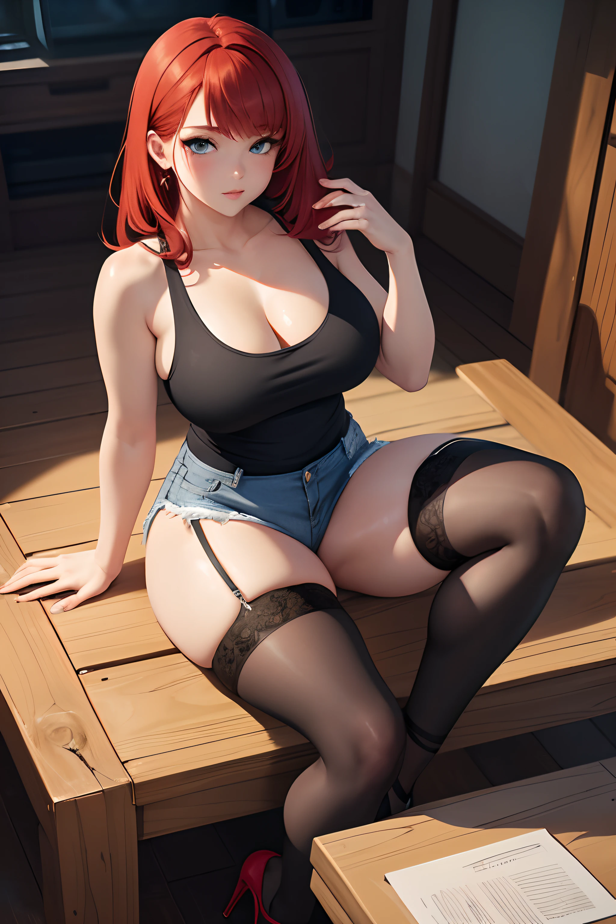 cute red haired girl, jean shorts, tight tank top, garter belt, black stockings, high heels, big butt, thick thighs, full body, sitting, from above, looking at camera, masterpiece, fine details, breathtaking artwork, painterly art style, high quality, very detailed, high resolution, exquisite composition and lighting, natural beauty,