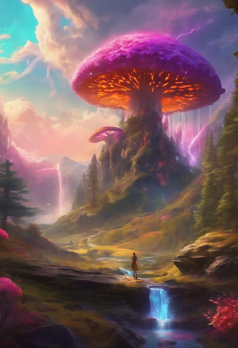 swpunk, synthwave, paint splatters, (extremely detailed 8k wallpaper), a crazy alien landscape with giant glowing mushrooms and colorful moss growing on rocks, ray tracing, detailed reflections, Intricate, High Detail, dramatic, best quality masterpiece, photorealistic, detailed, 8k, HDR, backlighting, bloom, light sparkles, chromatic aberration, sharp focus