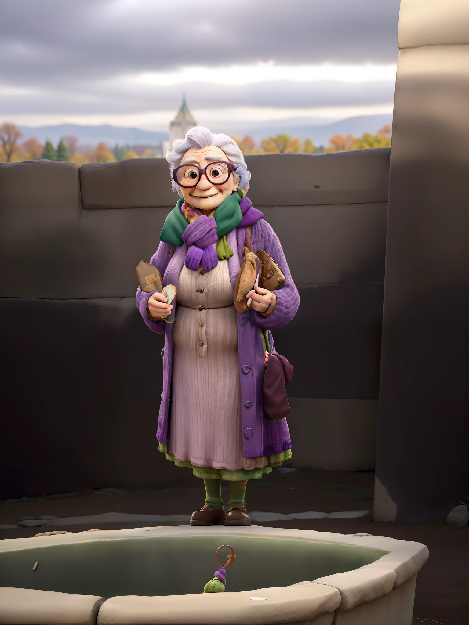 masterpiece, best quality, an old woman with glasses and a scarf on, wearing a purple coat and green scarf, standing at the park
