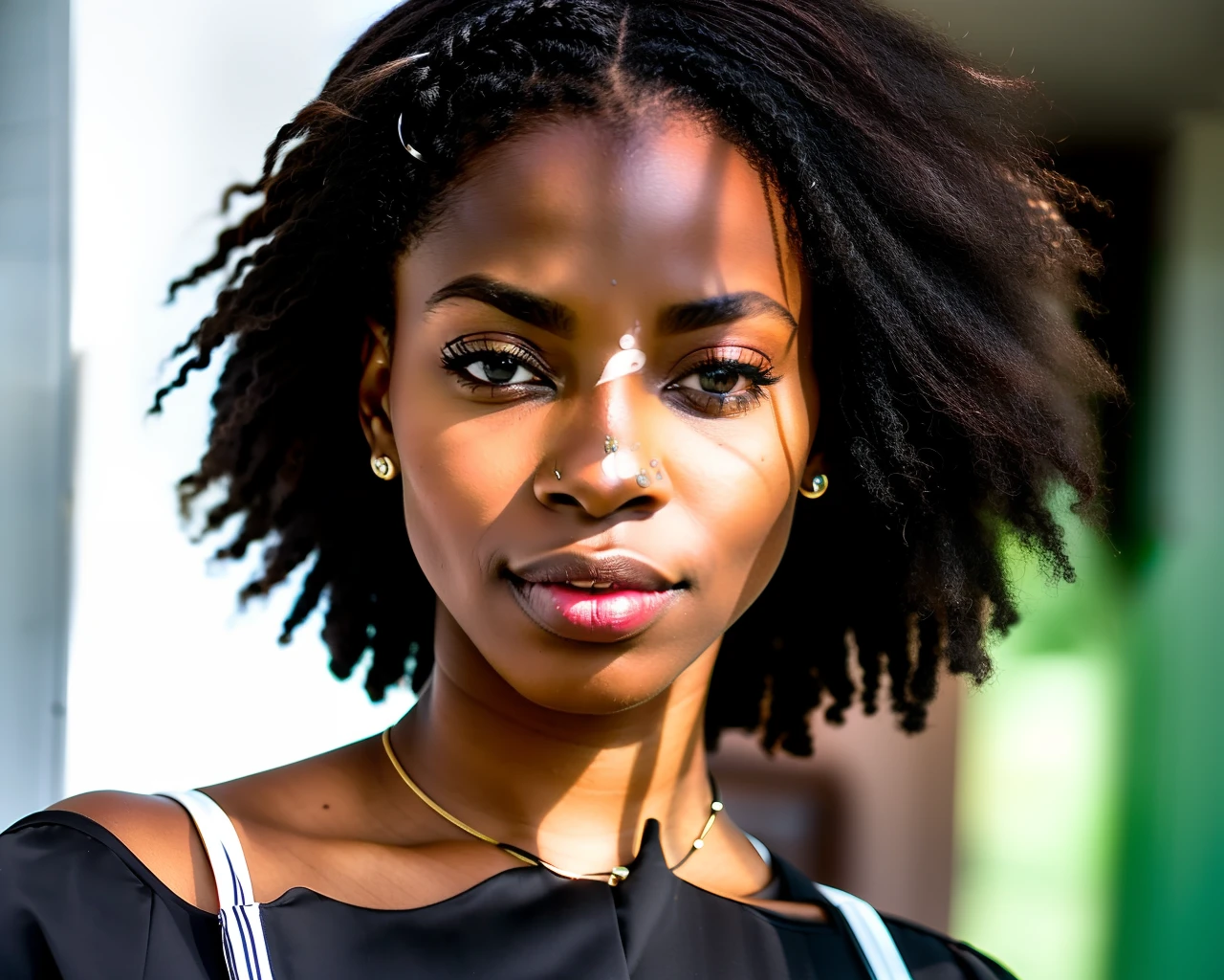 there is an African woman with a necklace on her neck and wearing a black suit with a green shirt, with textured hair and brown skin, standing in front of a window in a bedroom, young black woman, 27 year old woman, black young woman, african young woman, photo of a black woman, young woman's face, beautiful city black woman only, medium close up portrait, curly middle part haircut, portrait of African woman