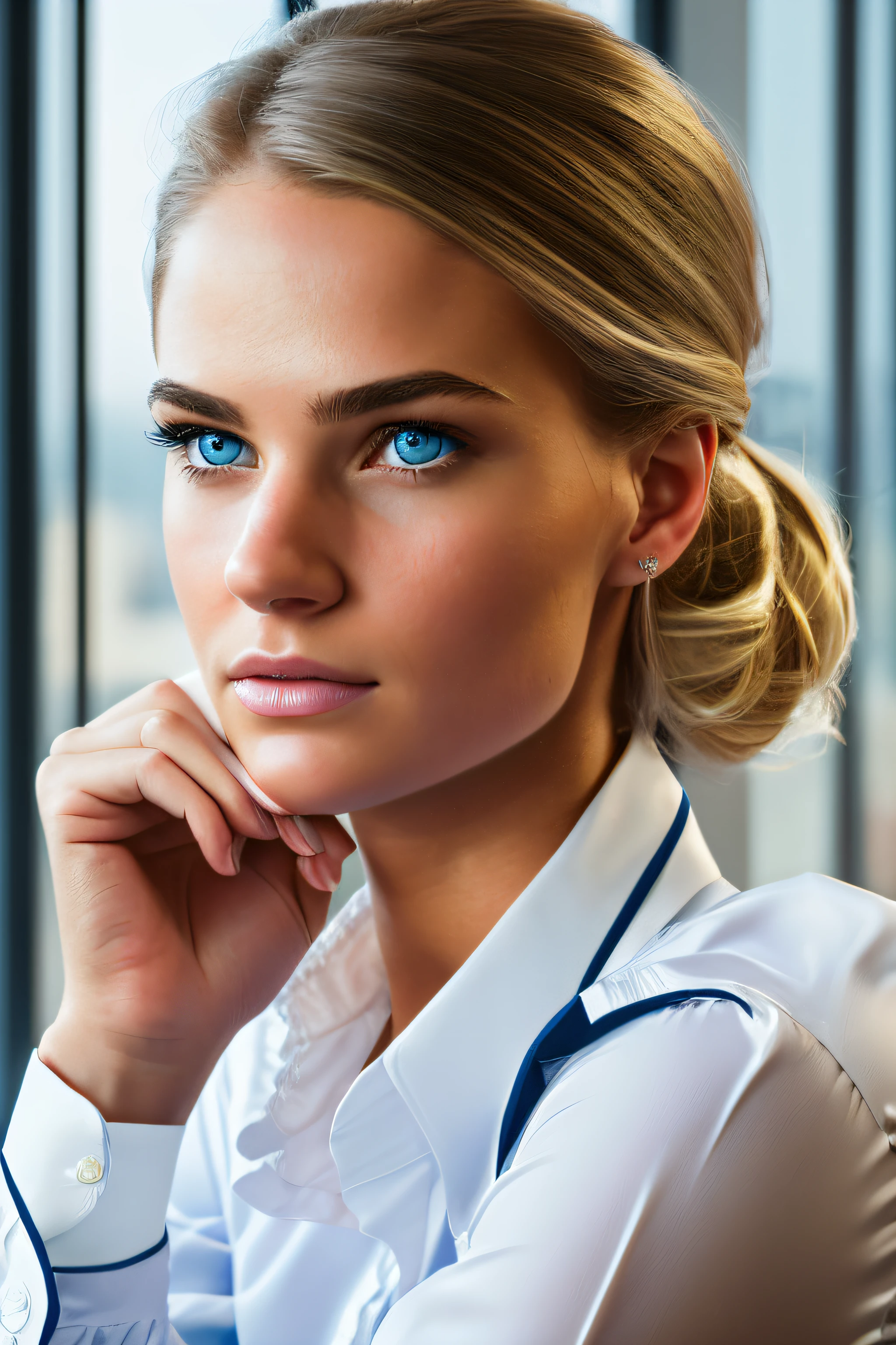 8k, top quality, masterpiece:1.2), (realistic, photo-realistic:1.37), top quality, masterpiece, beautiful young woman, pensive facial expression, thoughtful look, elegantly dressed, hair tied back, messy mood, cinematic backdrop, tired, light skin tone, blonde, blue eyes, wearing business clothes, in office with desk and windows, full body