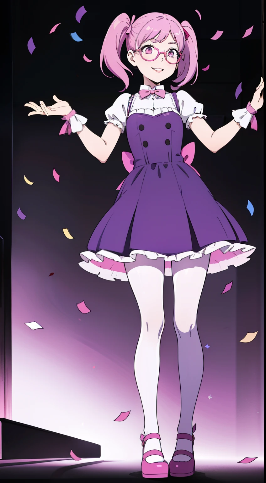 Confetti, party club. Led lights, chiaroscuro. 1 girl young girl with glasses, she smiles, tall, small eyes, teenage, "side bunds", pink pigtails hair, big lips, waring a purple monochromatic dress. pink ribbon.