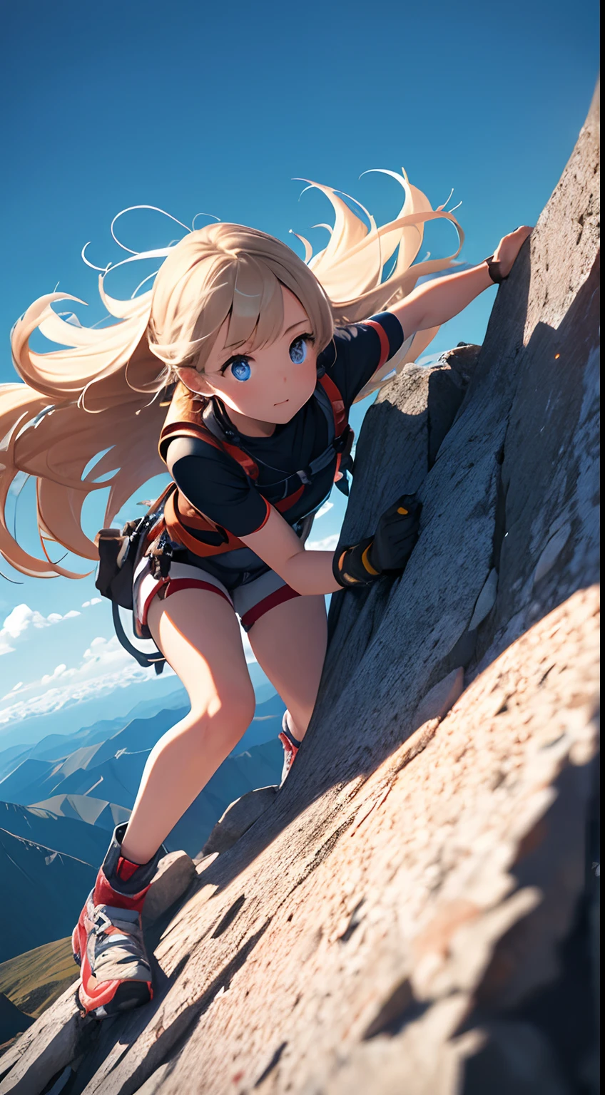 (masterpiece), a cute girl climbing a mountain, mountaineering , (high angle), adrenaline,dynamic image, extended arm cute, looking up too the camera, giant fall, rocks,