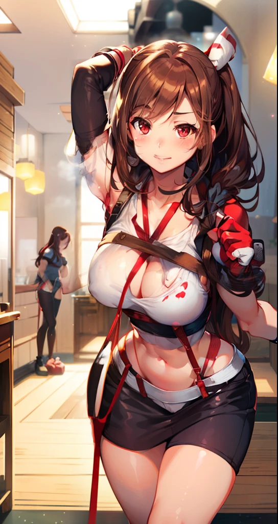 Smile,blush, cleavage, ,brown hair, red eyes, red fingerless gloves, white tank top, glowing aura, natural light, masterpiece, Tifa Lockhart, glossy skin, juicy lips ,long hair, cute, kawaii, adorable, reaching up, adult, cuddle, kawaii clothes, navel showing, random hair style, random clothes, tired up, rope