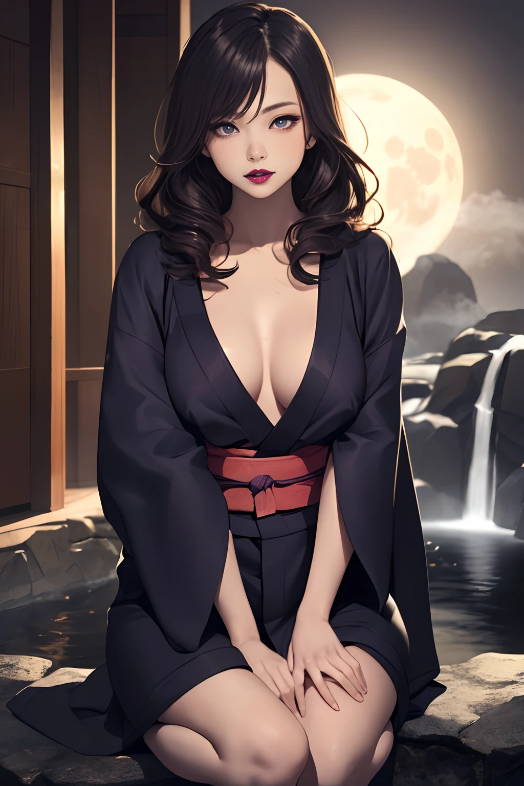 ((Moon Night)), ((Waterfall in the fog at night)), ((Japanese-style architecture on the banks of a dark waterfall)),((Japanese-style building with a terrifying atmosphere)), ((Next to a beautiful waterfall basin)),  ((Sharp bewitching eyes))、((A sexy))、pale skin、(((1 girl in))), ((pale skin))、Melancholy beautiful face、Beautiful expression、Sexy face、Nipple bumps, (((Lower breast)))、knee high socks、(((Beautiful breasts ))), Beautiful 、long boots、Super fine face、Delicat eyes、(Double eyelids)、 (((1 Japan Woman)))、 Beautie, sixteen years old, Wavy Hair、barechested、Underhair、Realism、wetting hair、(Japanese style kimono), ((See-through kimono:1))、((Black kimono:1)), Open Wareme, Beautiful , Beautiful hands,not any dressed, I'm not wearing underwear, Female masturbation、Opening legs、squatt、(((erectile nipple)))、long teat、Squat，Spread your legs apart，(M-shaped legs),I wasn't wearing panties，Expose the lower body, (dark purple lipstick)