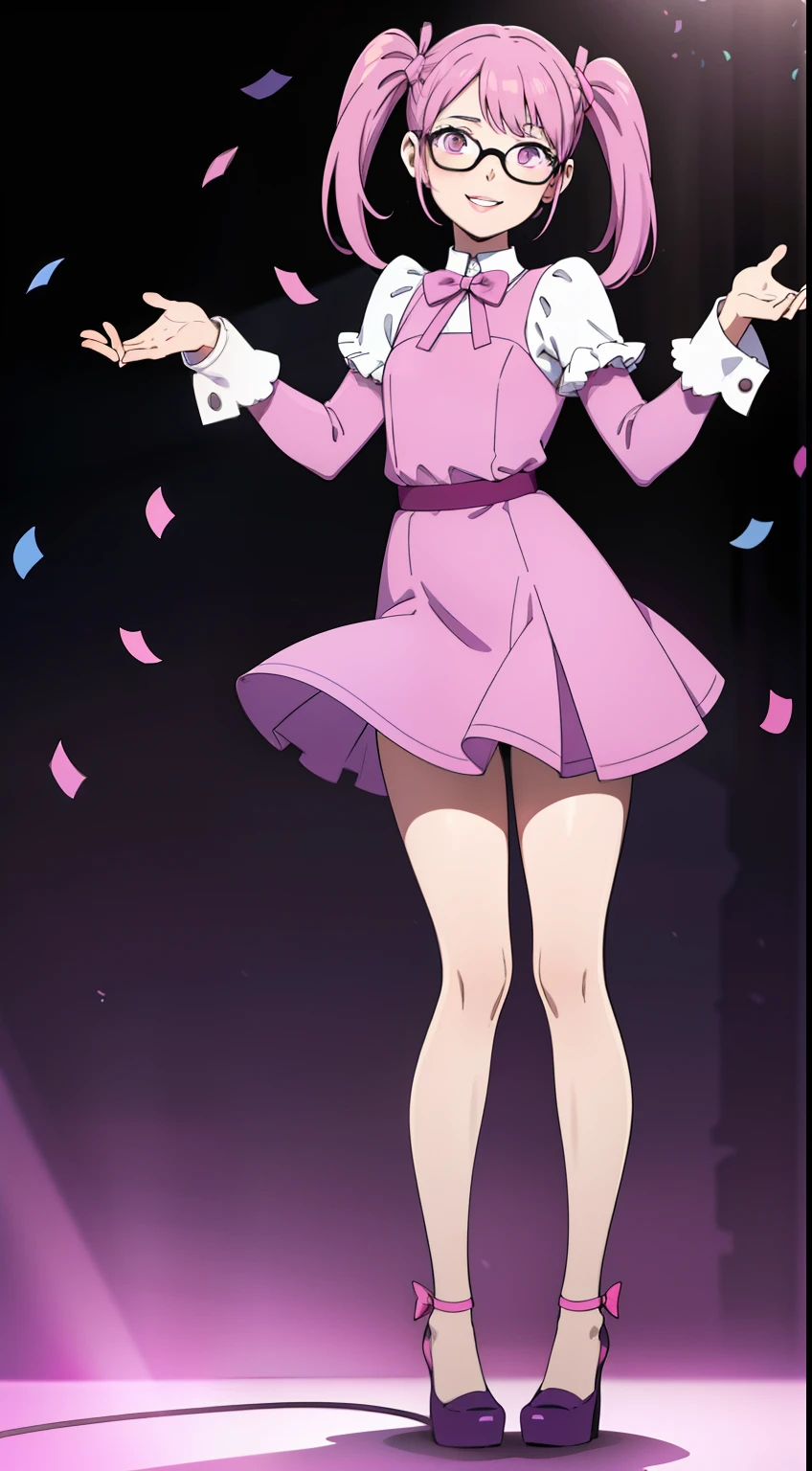 Confetti, party club. Led lights, chiaroscuro. 1 girl young girl with glasses, she smiles, tall, small eyes, age, "side bunds", pink pigtails hair, big lips, waring a purple monochromatic dress. pink ribbon.