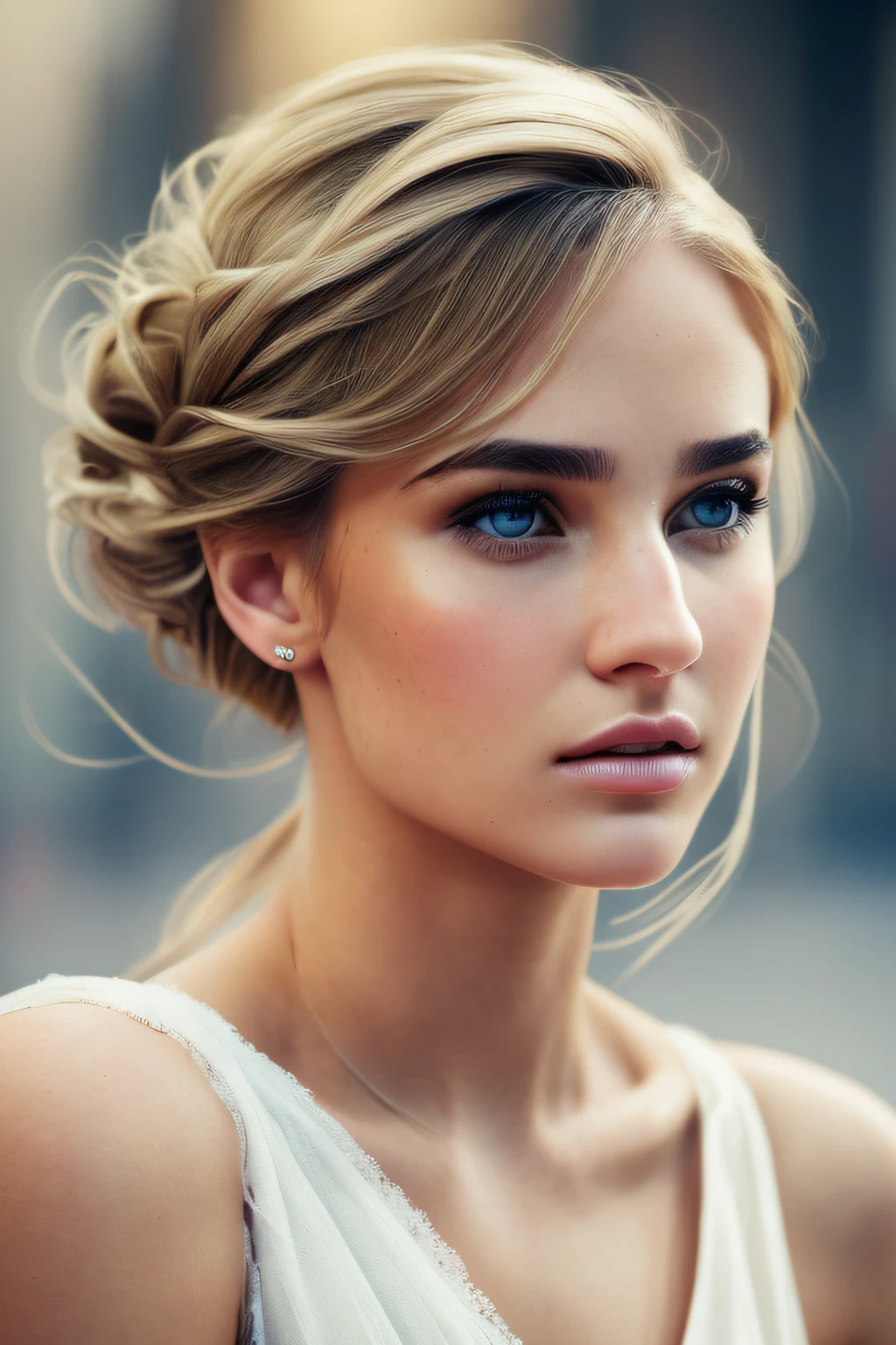 8k, top quality, masterpiece:1.2), (realistic, photo-realistic:1.37), top quality, masterpiece, beautiful young woman, pensive facial expression, thoughtful look, elegantly dressed, hair tied back, messy mood, cinematic backdrop, tired, light skin tone, blonde