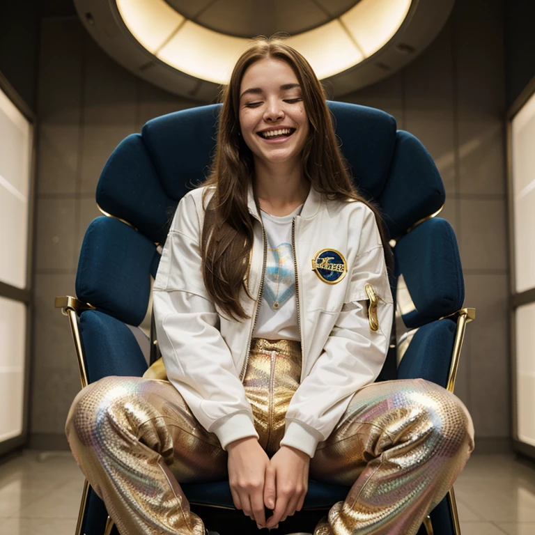 Teenage girl sitting on a sci-fi chair laughing and closing her eyes, freckles, long flowing brown hair with gold strands, wearing a sci-fi holographic eye piece and her set, wearing a detailed white and gold sci-fi jacket and pants and shirt, wearing sci-fi rocket boots