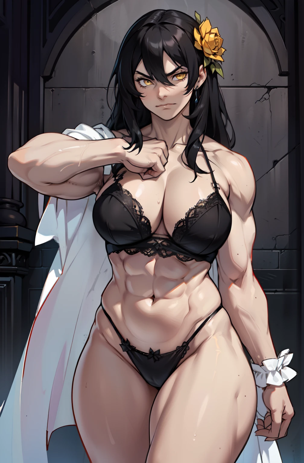 ((1 girl)), extremely long hair, solo, ((muscular)), veins, black hair, yellow eyes, pale skin, strong, veins, abs, (huge breasts), frowning, lace lingerie uhd best quality 16k rococo style