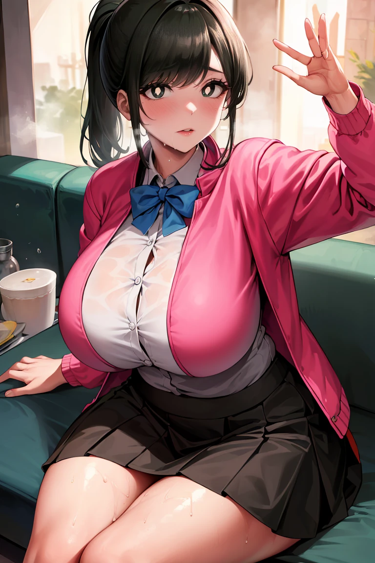 (master piece: 1.1), (yorugf), 1girl, solo focus, intricate details, black hair, ponytail, sidelocks, (black eyes:1.2), (bright pupils:1.5) jacket, (pink jacket:1.5), skirt, shirt, bow, school uniform, white shirt, pleated skirt, bowtie, black skirt, black footwear, (she is sweaty), stinky, fumes, sweaty clothes, dripping sweat, sweaty thighs, see-through,voluptuous, (huge breasts, thick thighs, wide hips, curious, looking at viewer, (cowboy shot, sitting on sofa, arm support), living room, indoors, apartment, sunlight, softlights