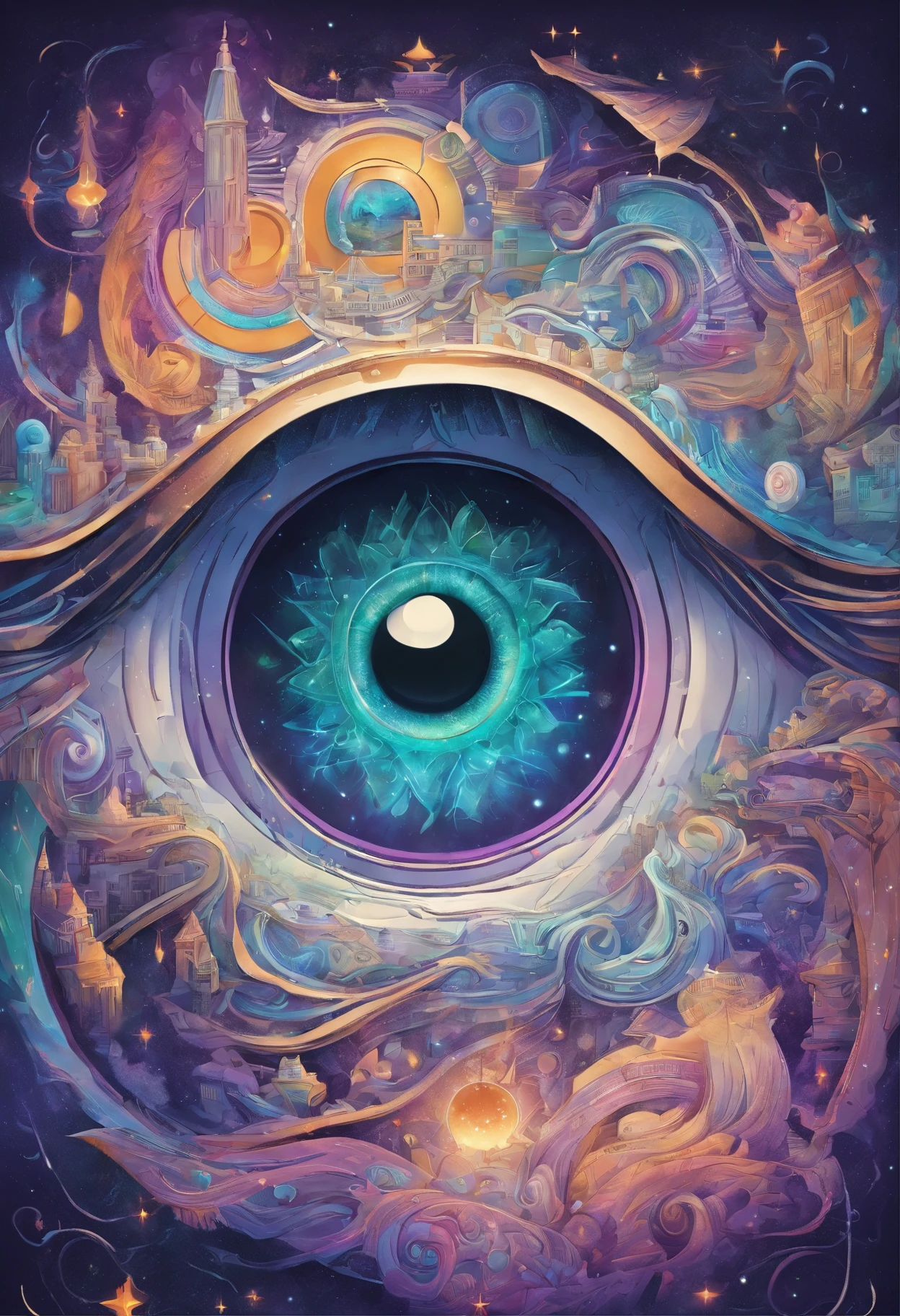 There is a picture of green-purple eyes，There is a spiral around it, Portrait of a mystical giant eye, the eye of the universe, The Eye of God, mystic eye, Eye of God Ra, Milky Way in the eyes, giant eye magic spell, Eye of the Gods, mystical third eye, Eye of the storm, many eyes in space, White cyclops portrait in the sky