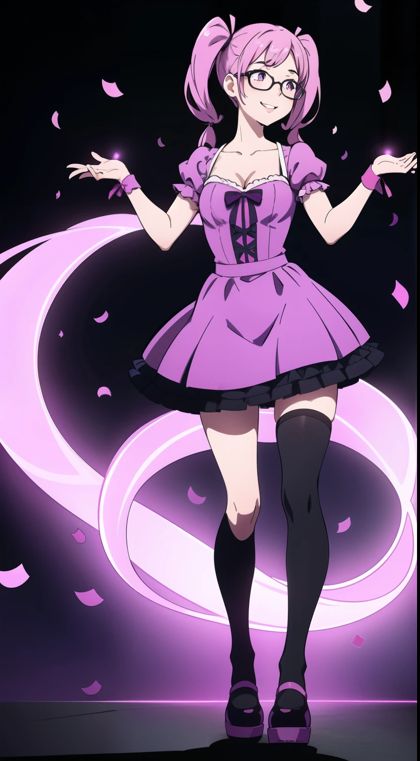 Confetti, party club. Led lights, chiaroscuro. 1 girl young girl with glasses, she smiles, tall, small eyes, teenage, "side bunds", pink pigtails hair, big lips, waring a purple monochromatic dress. Skirt with petticoat (short sleeves) and ((cleavage)) pink ribbon.