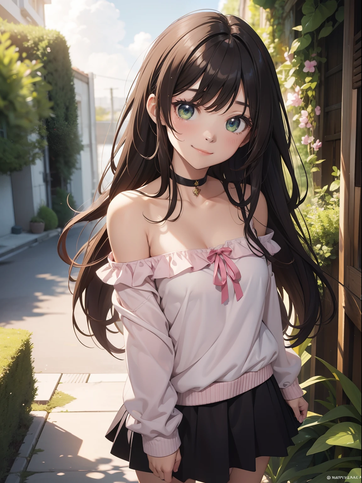 Official art、Top quality ultra-detailed CG art、a beauty girl:1.2)、Long wavy dark brown hair、Glossy hair、smooth hair、large green eyes,Mid summer、kawaii、The sky is warm、Cute、front bangs、full hair, Pink choker、Blue off shoulder crop top、smile, full body veiw, panties, short skirt, mostly naked