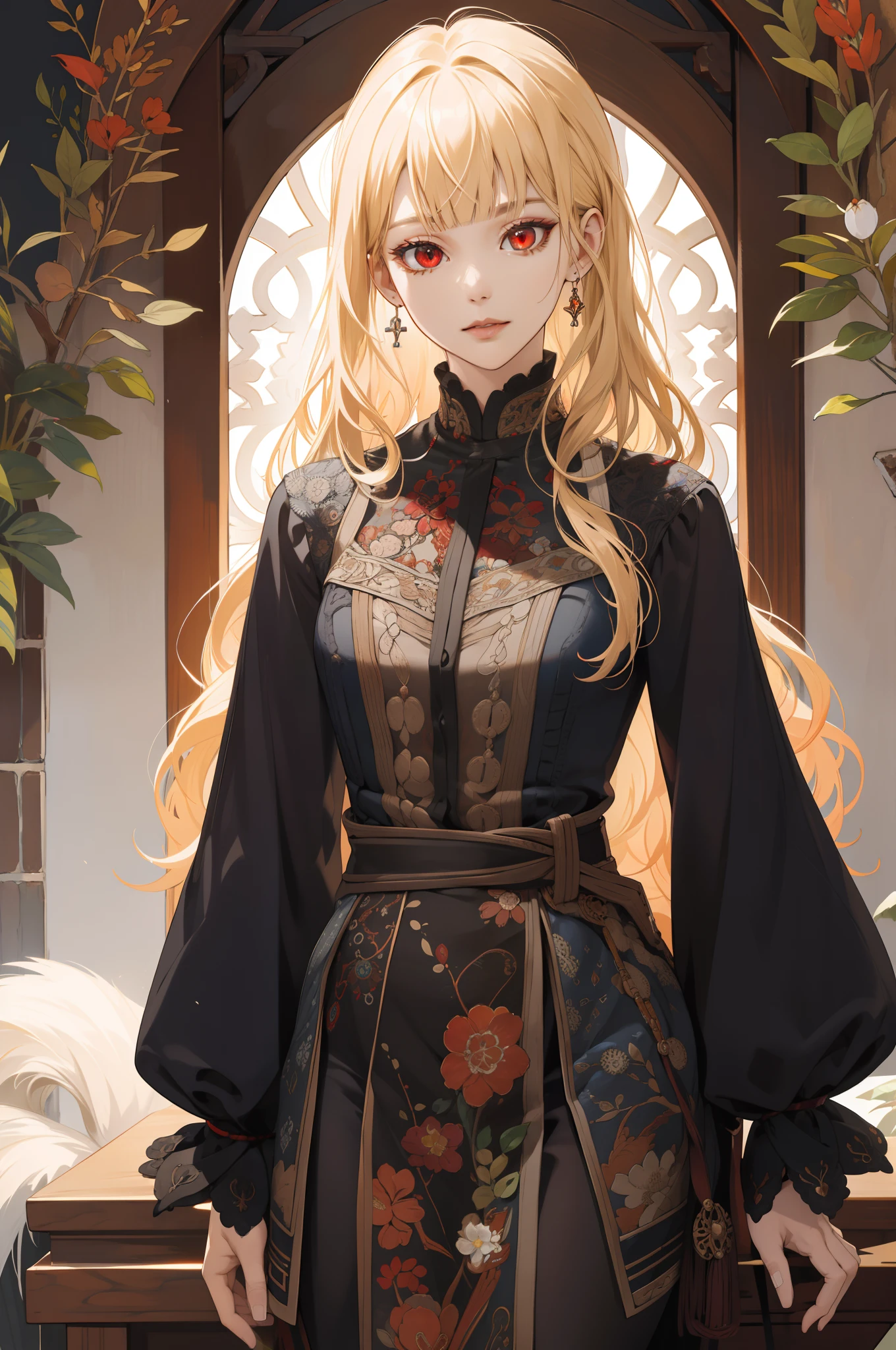 (absurdres, highres, ultra detailed), 1girl, mature female, wavy hair, long blonde hair, blunt bangs, red eyes, dress, long sleeves, finely detailed eyes and detailed face, intricate details, BREAK mosaic art, small pieces, colorful tesserae, intricate patterns, tiled designs, durable surfaces, time-honored techniques BREAK macro photography, extreme close-up, intricate details, magnified textures, stunning clarity, hidden beauty, immersive perspective BREAK , artisanal creations, handmade goods, unique designs, intricate details, creative expression, skilled craftsmanship, cowboy shot