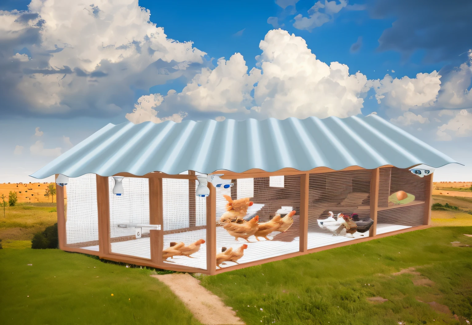 There's a lot of chickens in a chicken coop in the grass, conceptual rendering, Processado, altamente renderizado!!, with 3d render, with 3d render, photo rendering, renderizado, parece realista, Cena realista, em um dia ensolarado, summer morning, photographic render, conceitual, Described as a 3D rendering, imagem realista verdadeira, altamente renderizado, temporary emergency shelter, abrigo, 8K