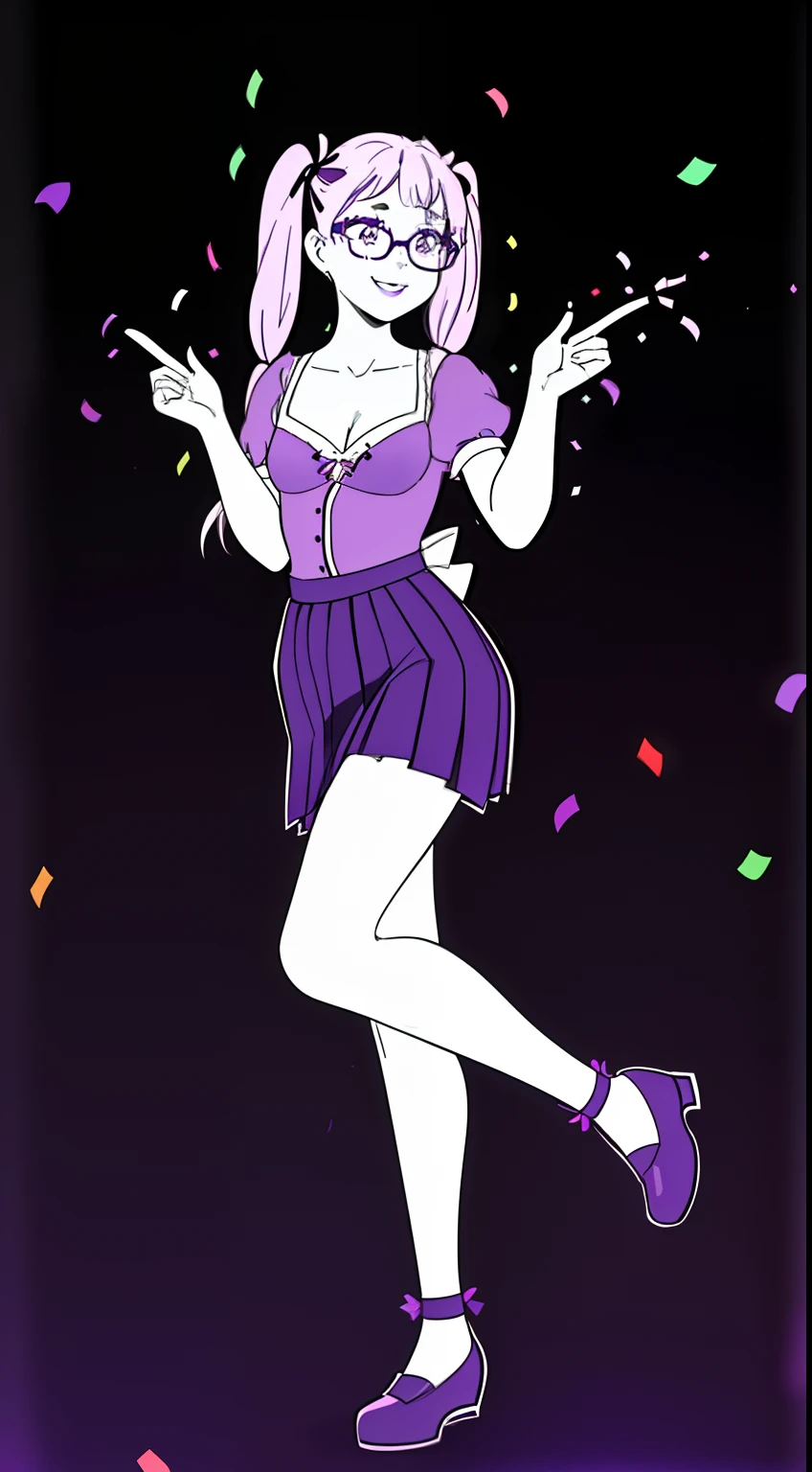 Confetti, party club. Led lights, chiaroscuro. 1 girl young girl with glasses, she smiles, tall, small eyes, teenage, "side bunds", pink pigtails hair, big lips, waring a purple monochromatic dress. Skirt with petticoat (short sleeves) and ((cleavage)) pink ribbon.