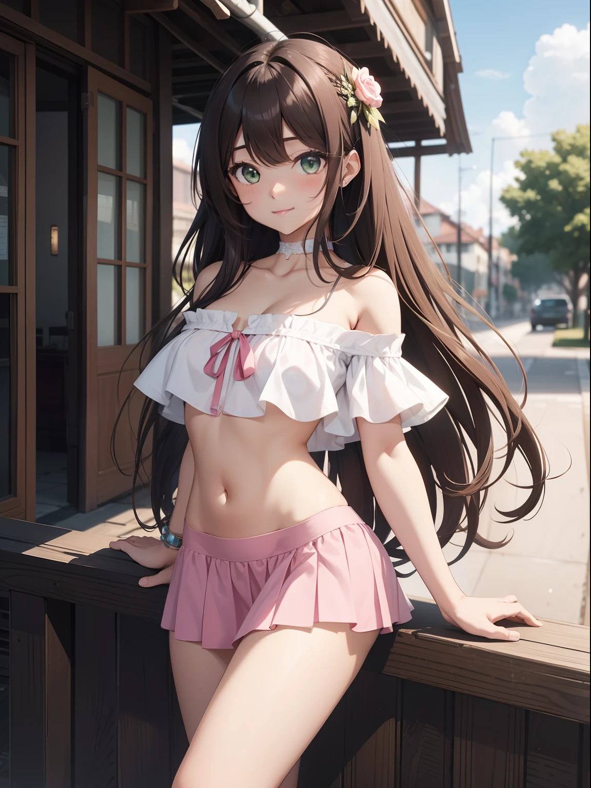 Official art、Top quality ultra-detailed CG art、a beauty girl：１.２）、Long wavy dark brown hair、Glossy hair、smooth hair、large green eyes,Mid summer、kawaii、The sky is warm、Cute、front bangs、full hair,  Pink choker、Blue off shoulder crop top、smile, full body veiw, panties, short skirt, mostly naked