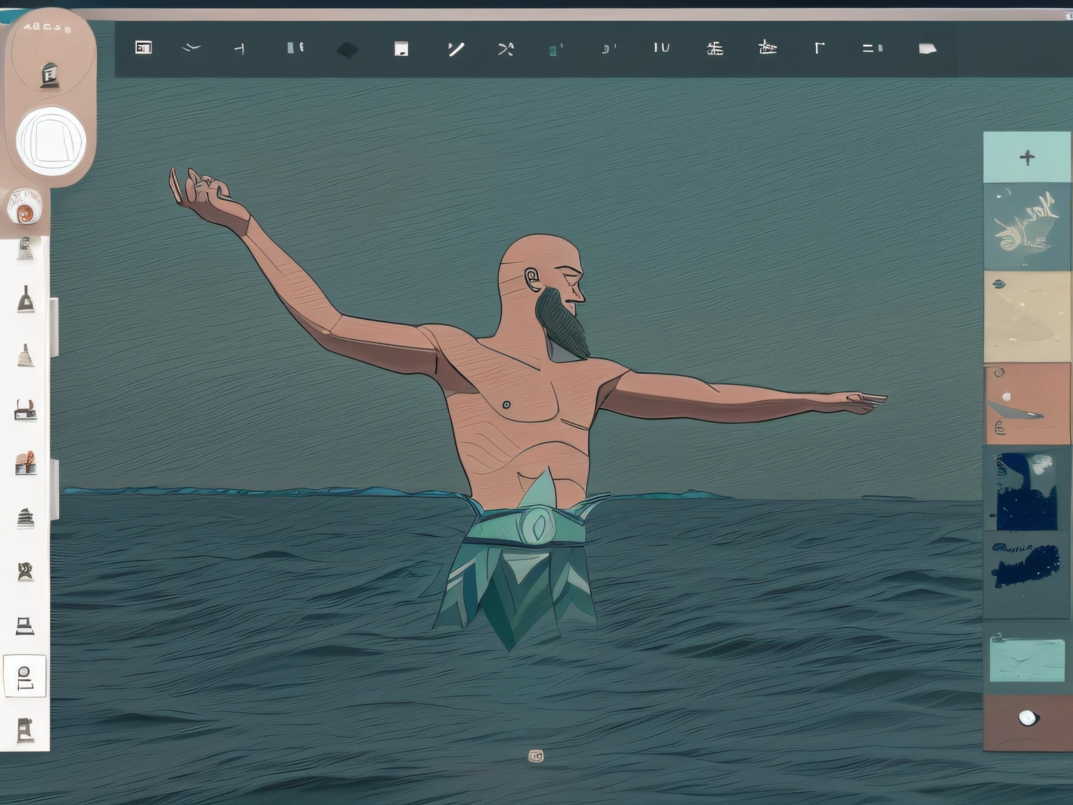 make it look like a simple animated drawing and with hair blowing in the wind its the sea god poseidon