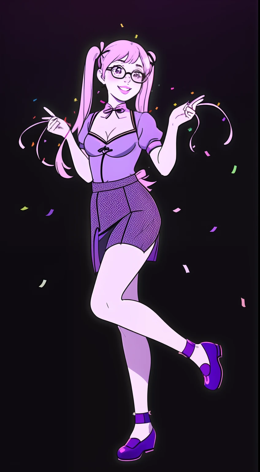 Confetti, party club. Led lights, chiaroscuro. 1 girl young girl with glasses, she smiles, tall, small eyes, age, "side bunds", pink pigtails hair, big lips, waring a purple monochromatic cheongsam. Skirt with petticoat (short sleeves) and ((cleavage)) pink ribbon.