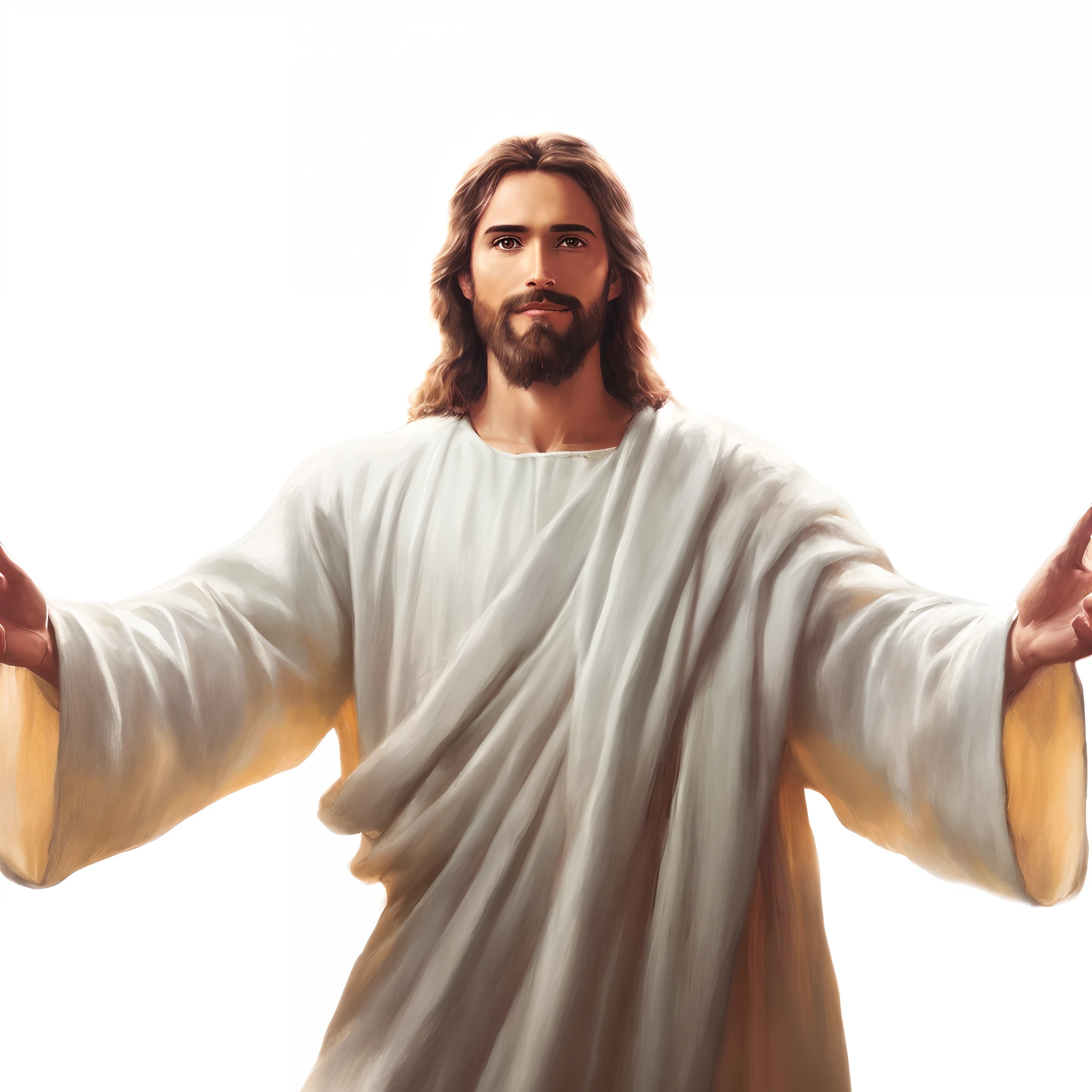 A closeup of Jesus with outstretched arms, Jesus Cristo, he is greeting you warmly, his arms spread, Jesus, Vestido como Jesus Cristo, Retrato de Jesus Cristo, O Senhor e Salvador, Jovem Deus Todo-Poderoso, Jesus Gigachad, his arms spread. pronto para voar, Jesus Negro, rosto de Jesus, jesus of nazareth
